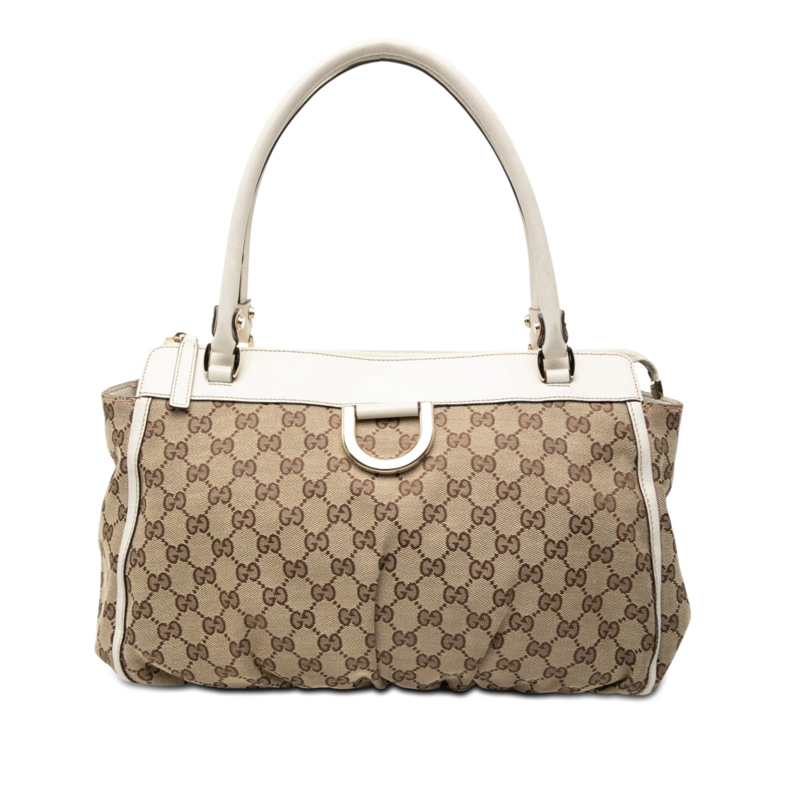 Gucci Abbey D Ring Tote Beige GG Canvas Bag: Gucci Abbey D Ring Tote Beige GG Canvas Bag Gucci GG Canvas Abbey D Ring Tote in beige, made in Italy. This tote bag features a canvas body with leather trim, rolled leather straps, a top zip closure,