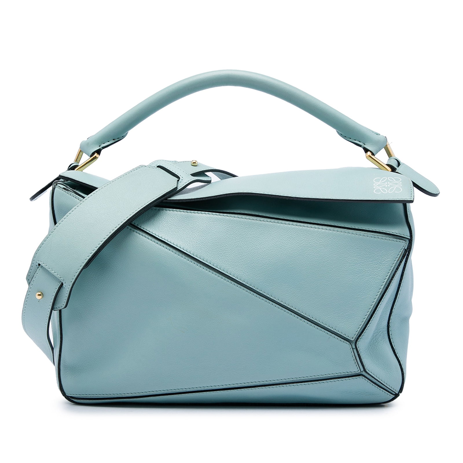 LOEWE Puzzle Medium Blue Calfskin Satchel Bag: LOEWE Puzzle Medium Blue Calfskin Satchel Bag A LOEWE Medium Calfskin Puzzle Satchel in blue leather with the signature geometric construction of the Puzzle line. This satchel features a rolled leathe