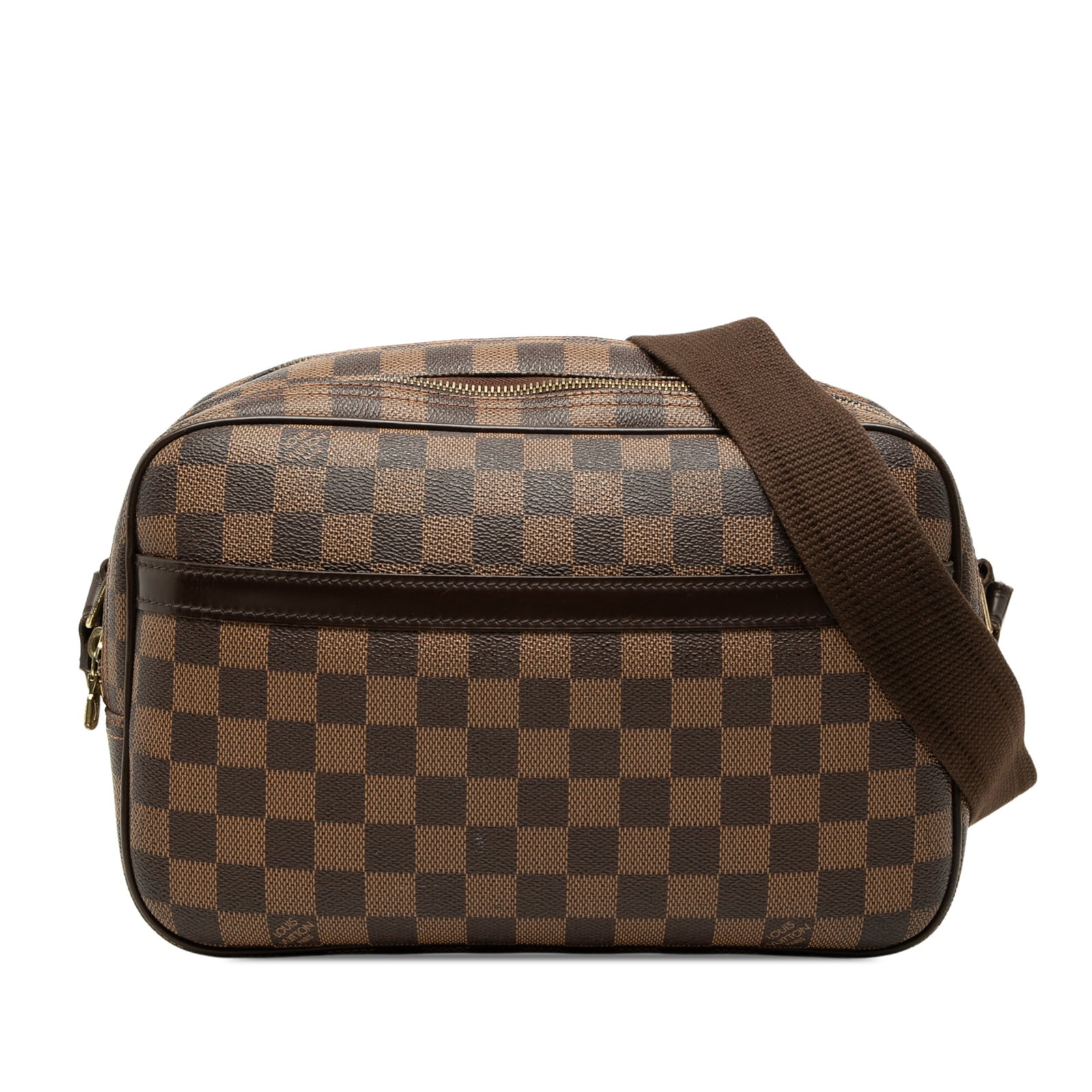 Louis Vuitton Reporter PM Damier Ebene Crossbody Bag Brown: Louis Vuitton Reporter PM Damier Ebene Crossbody Bag Brown A Louis Vuitton Damier Ebene Reporter PM shoulder bag with a damier canvas body and leather trim. It features an adjustable flat strap, doubl