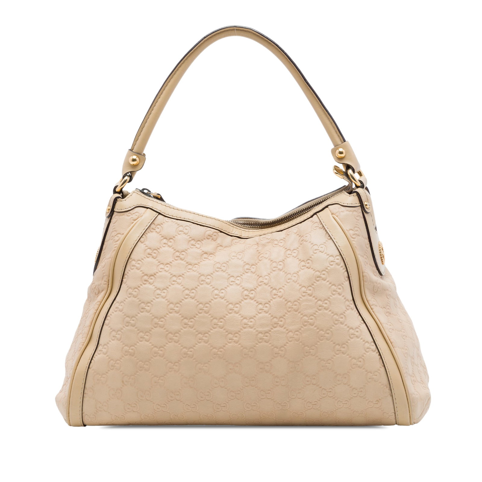 Gucci Guccissima Scarlett Leather Shoulder Bag Beige: Gucci Guccissima Scarlett Leather Shoulder Bag Beige A Gucci Guccissima Scarlett shoulder bag crafted in beige embossed leather. It features a rolled leather strap, top zip closure, and an interior wi