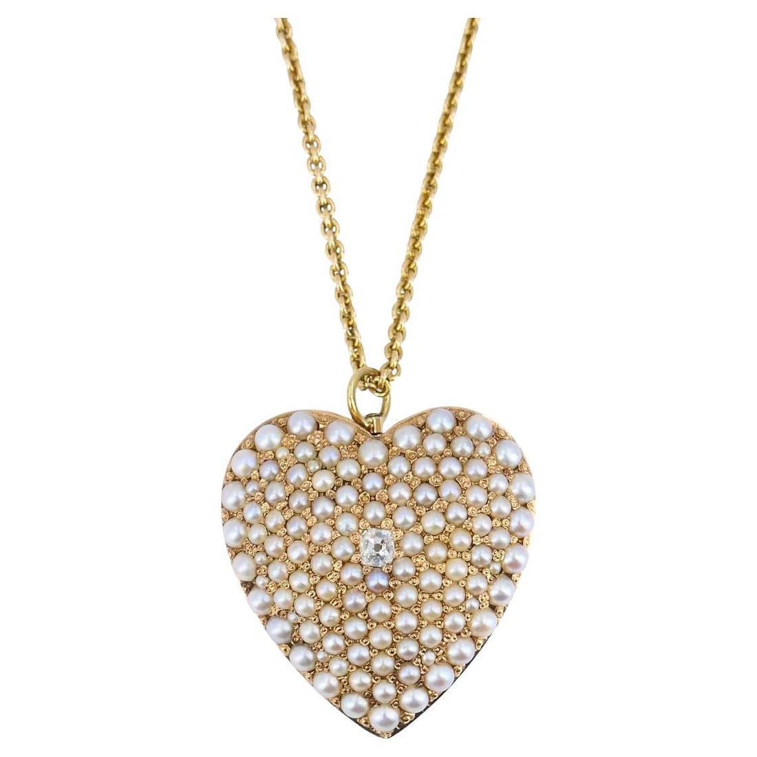 Victorian 14k Yellow Gold Heart Pendant Necklace with Diamond and Seed Pearls: Victorian 14k Yellow Gold Heart Pendant Necklace with Diamond and Seed Pearls Vintage heart pendant necklace in 14k yellow gold, set with diamond and pearl. The antique heart pendant dates to circa 18