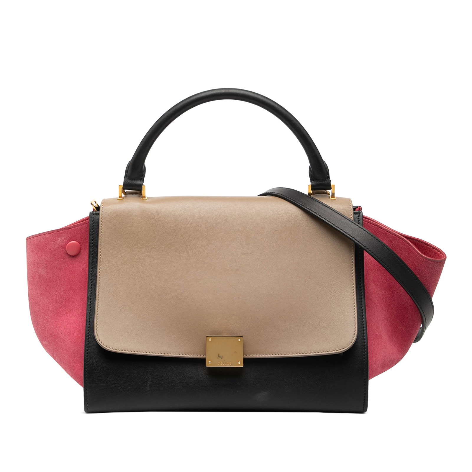 Celine Trapeze Small Satchel in Calfskin and Suede with Tricolor Design: Celine Trapeze Small Satchel in Calfskin and Suede with Tricolor Design This Celine Small Tricolor Calfskin and Suede Trapeze Satchel features a leather body with suede side panels, a rolled top handl