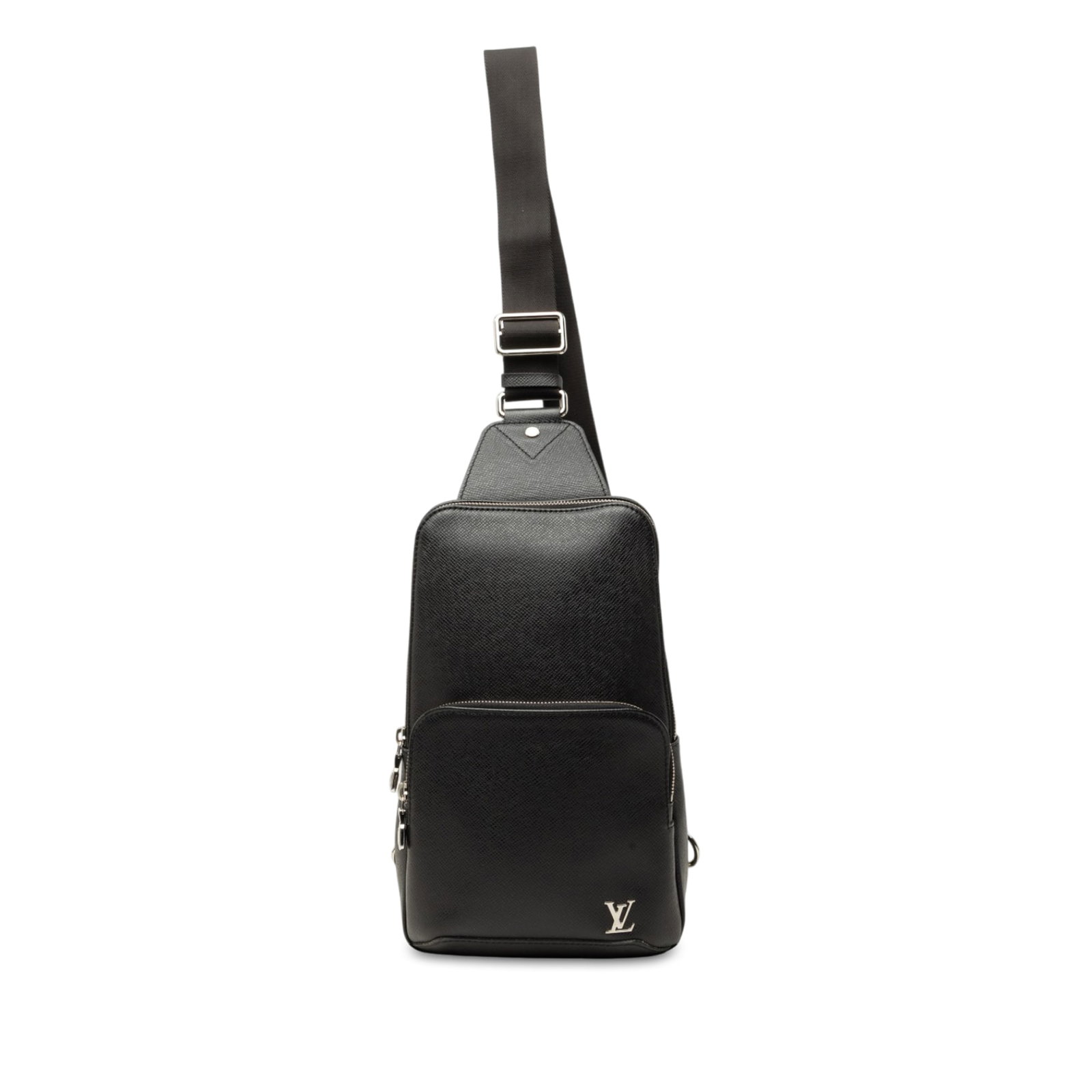 Louis Vuitton Taiga Avenue black leather sling bag: Louis Vuitton Taiga Avenue black leather sling bag Louis Vuitton Avenue Sling in black Taiga leather with an adjustable flat canvas strap, exterior front zip pocket, and interior slip pockets. Made in
