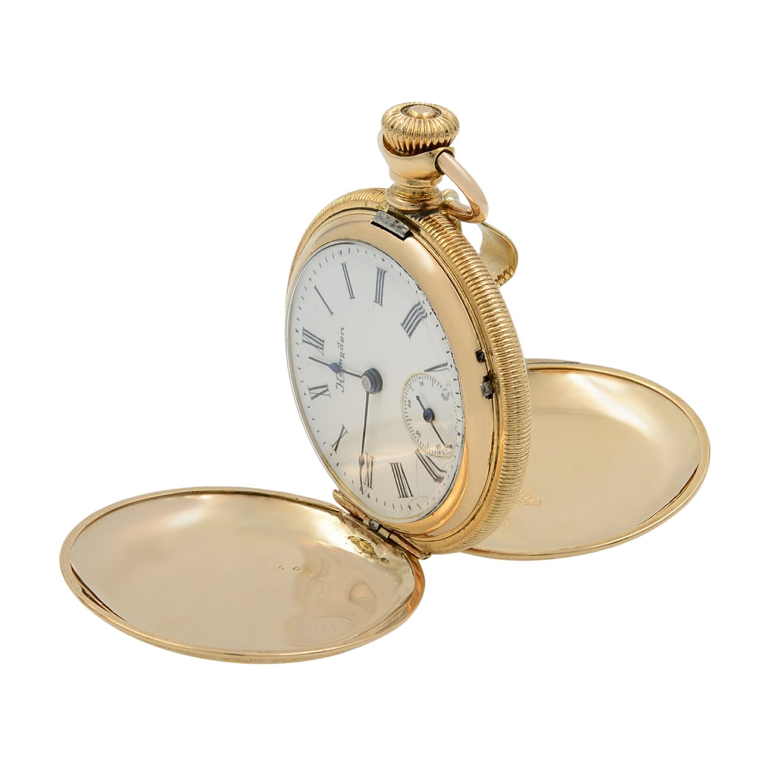 Hampden 10K Gold Filled Manual Wind Pocket Watch White Enamel Roman Dial: Hampden 10K Gold Filled Manual Wind Pocket Watch White Enamel Roman Dial This exquisite Hampden pocket watch features a 10K gold filled case and a classic white enamel Roman dial. The watch is a manua