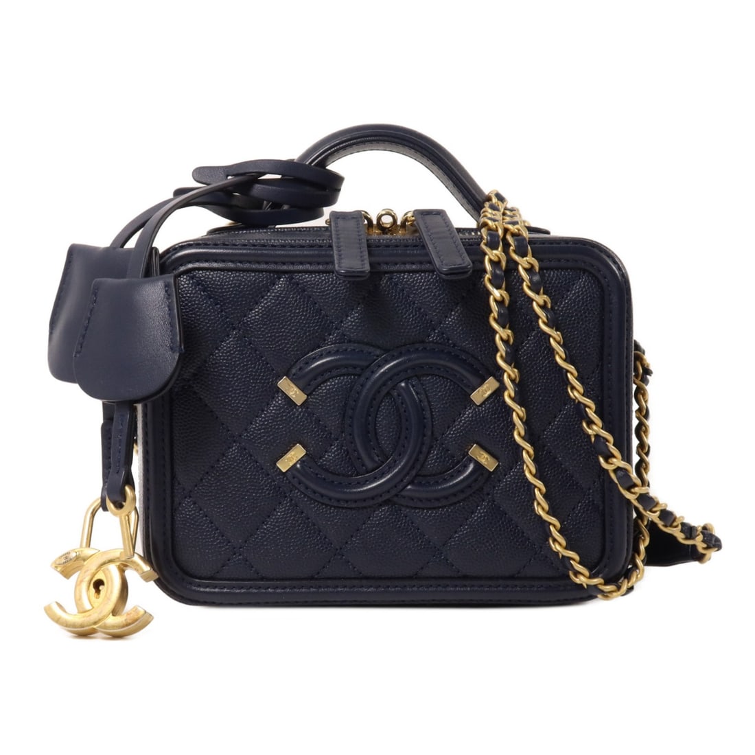 CHANEL A93342 Filigree Vanity Case Navy Calfskin 2way Shoulder Bag: CHANEL A93342 Filigree Vanity Case Navy Calfskin 2way Shoulder Bag Chanel Filigree Vanity Case chain shoulder bag in navy calfskin with CC detailing. This women's 2-way bag includes a chain strap and 