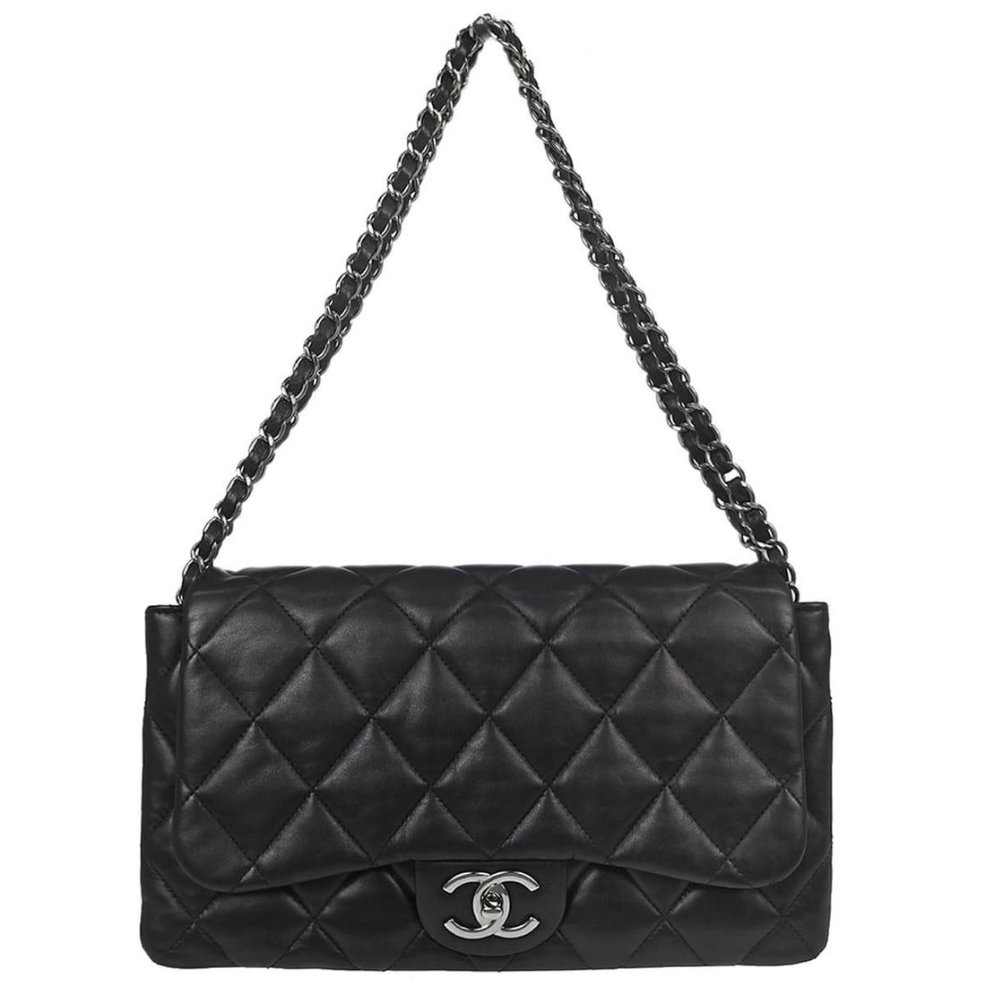 CHANEL Accordion Flap Shoulder Bag Black Lambskin Medium: CHANEL Accordion Flap Shoulder Bag Black Lambskin Medium Chanel Accordion Flap shoulder bag in black lambskin leather with a three-compartment accordion design and logo accent. This medium bag is made
