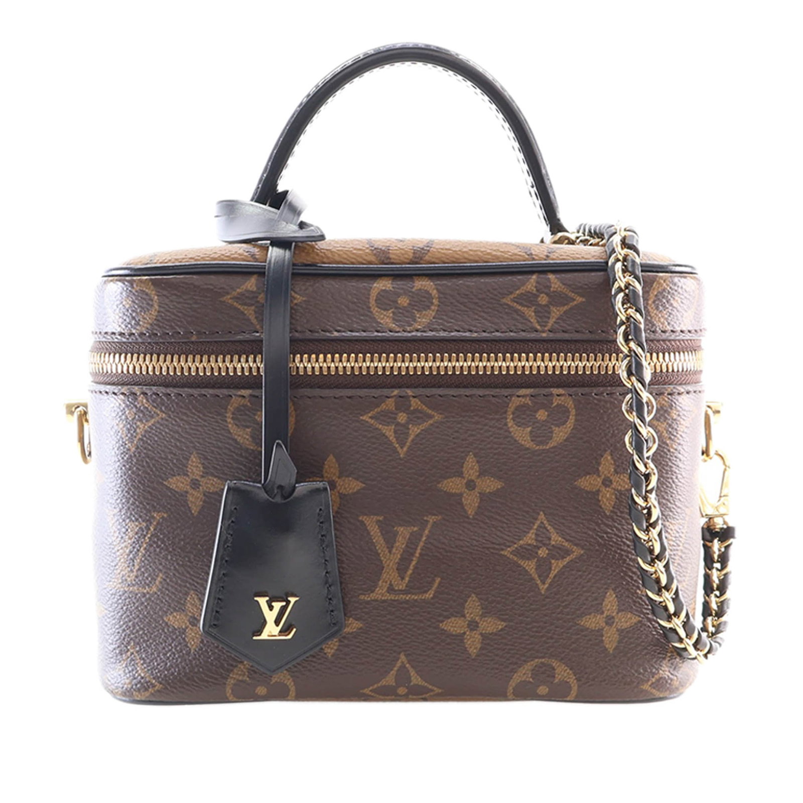 Louis Vuitton Vanity PM Monogram Reverse satchel bag: Louis Vuitton Vanity PM Monogram Reverse satchel bag A compact Louis Vuitton Vanity PM satchel in Monogram canvas and Monogram Reverse canvas. It features a flat leather top handle, a braided leather 