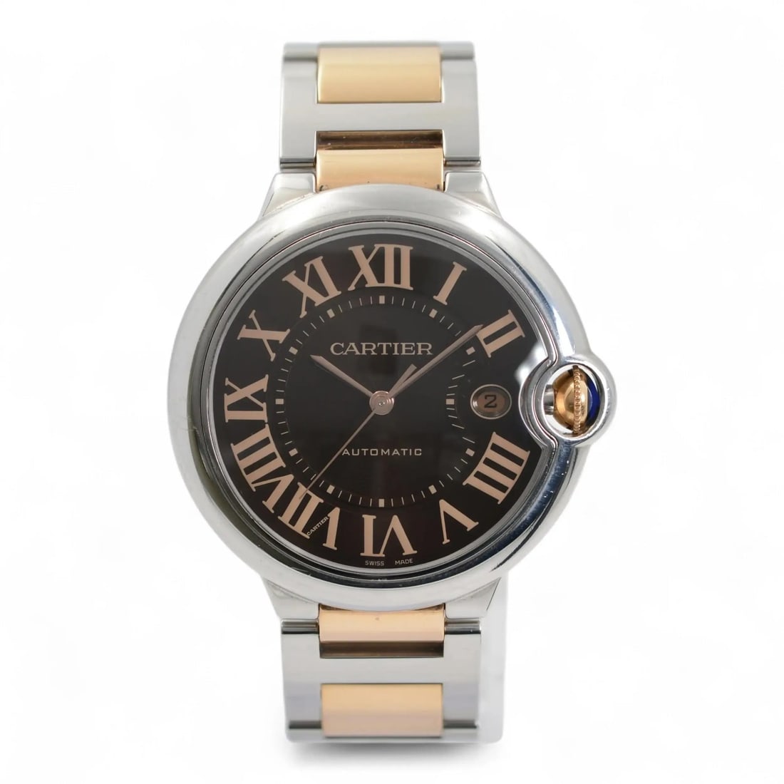 Men's Automatic Ballon Bleu Watch Chocolate Dial Gold Steel by Cartier W6920032: Men's Automatic Ballon Bleu Watch Chocolate Dial Gold Steel by Cartier W6920032 This Cartier Ballon Bleu Gold Steel Chocolate Dial Automatic Men's Watch W6920032 features a round stainless steel case 