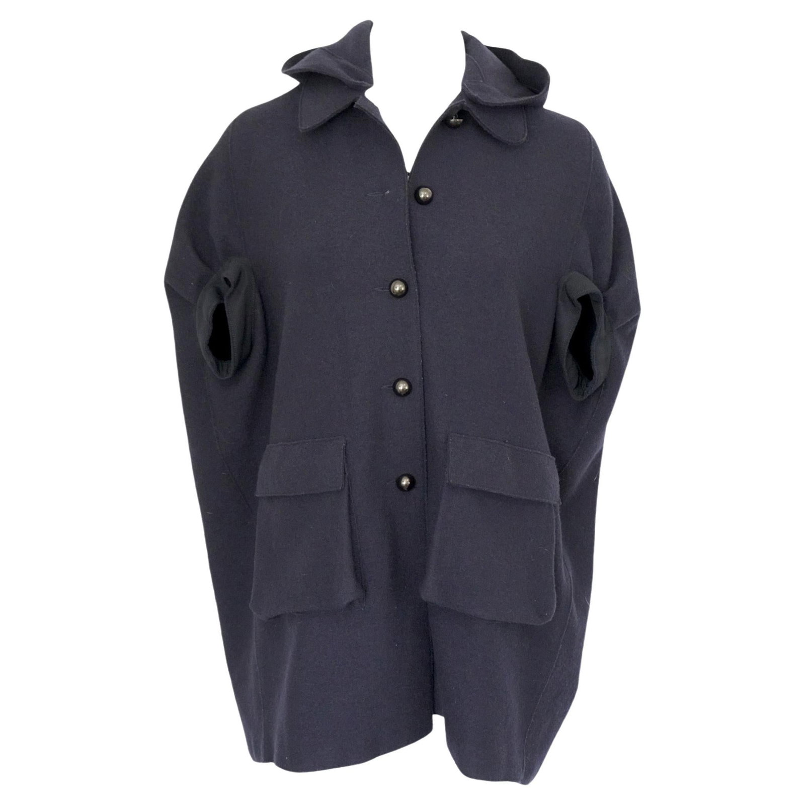 Lanvin Paris hooded cape coat in navy wool cashmere blend (1 of 8)