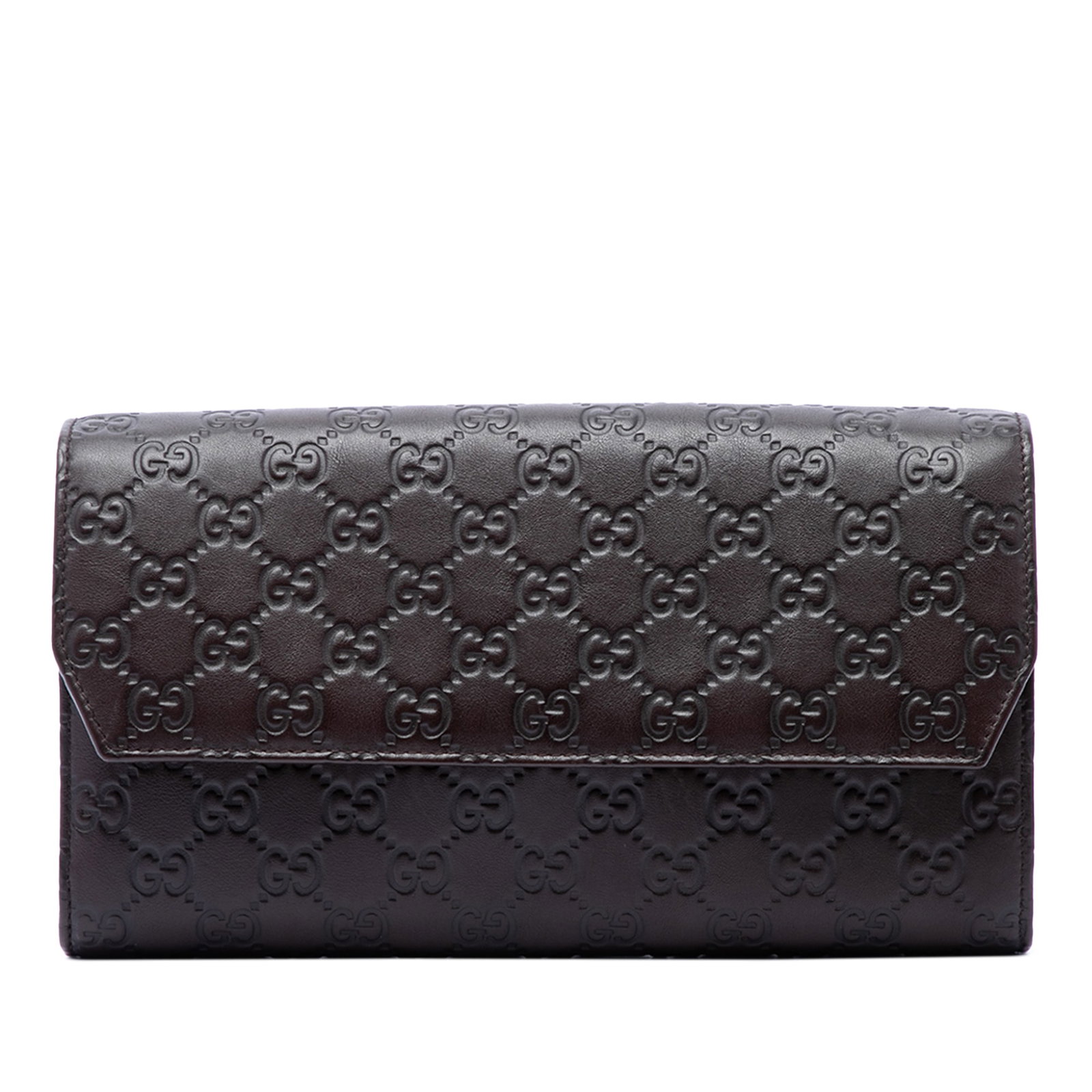 Gucci Guccissima Leather Flap Clutch Brown: Gucci Guccissima Leather Flap Clutch Brown Gucci Guccissima clutch in brown embossed leather with a front flap and an organized interior featuring a zip pocket, slip pockets, and a compartment. Made i