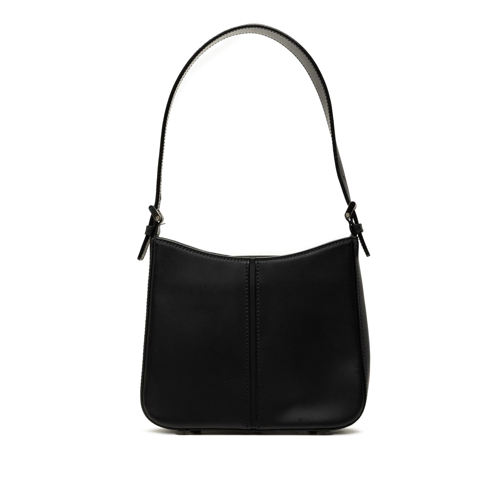 Burberry black leather shoulder bag with zip pocket: Burberry black leather shoulder bag with zip pocket Burberry leather shoulder bag in black with a flat leather strap, open top, and organized interior with zip and slip compartments plus an interior z