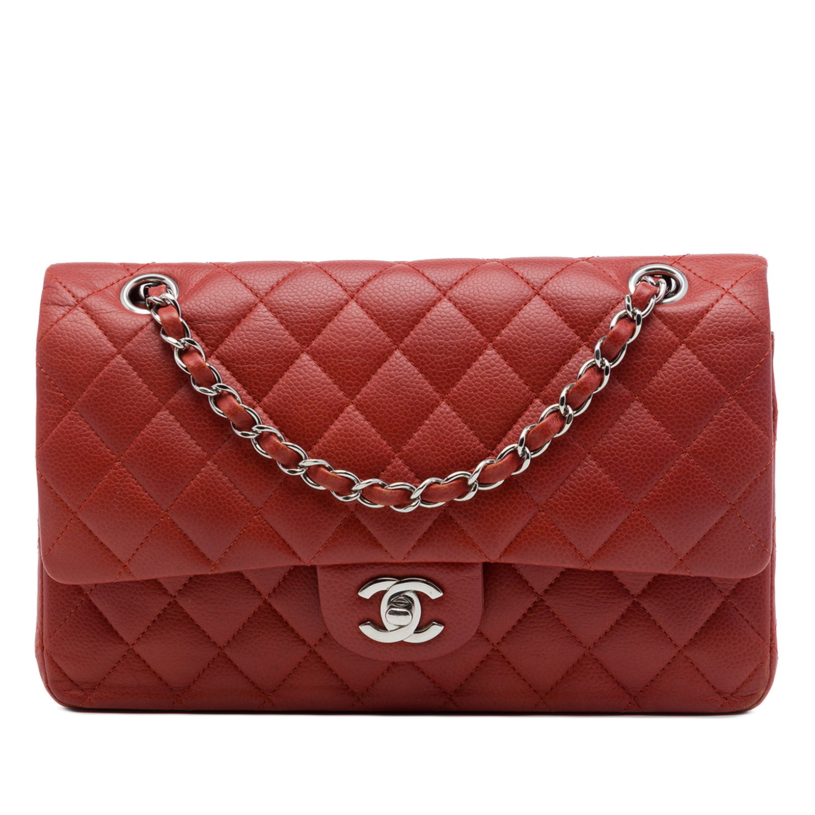 Chanel Medium Classic Double Flap Shoulder Bag Red Caviar Leather: Chanel Medium Classic Double Flap Shoulder Bag Red Caviar Leather A Chanel Medium Classic Caviar Double Flap shoulder bag in red quilted caviar leather. This iconic design features a leather-woven cha