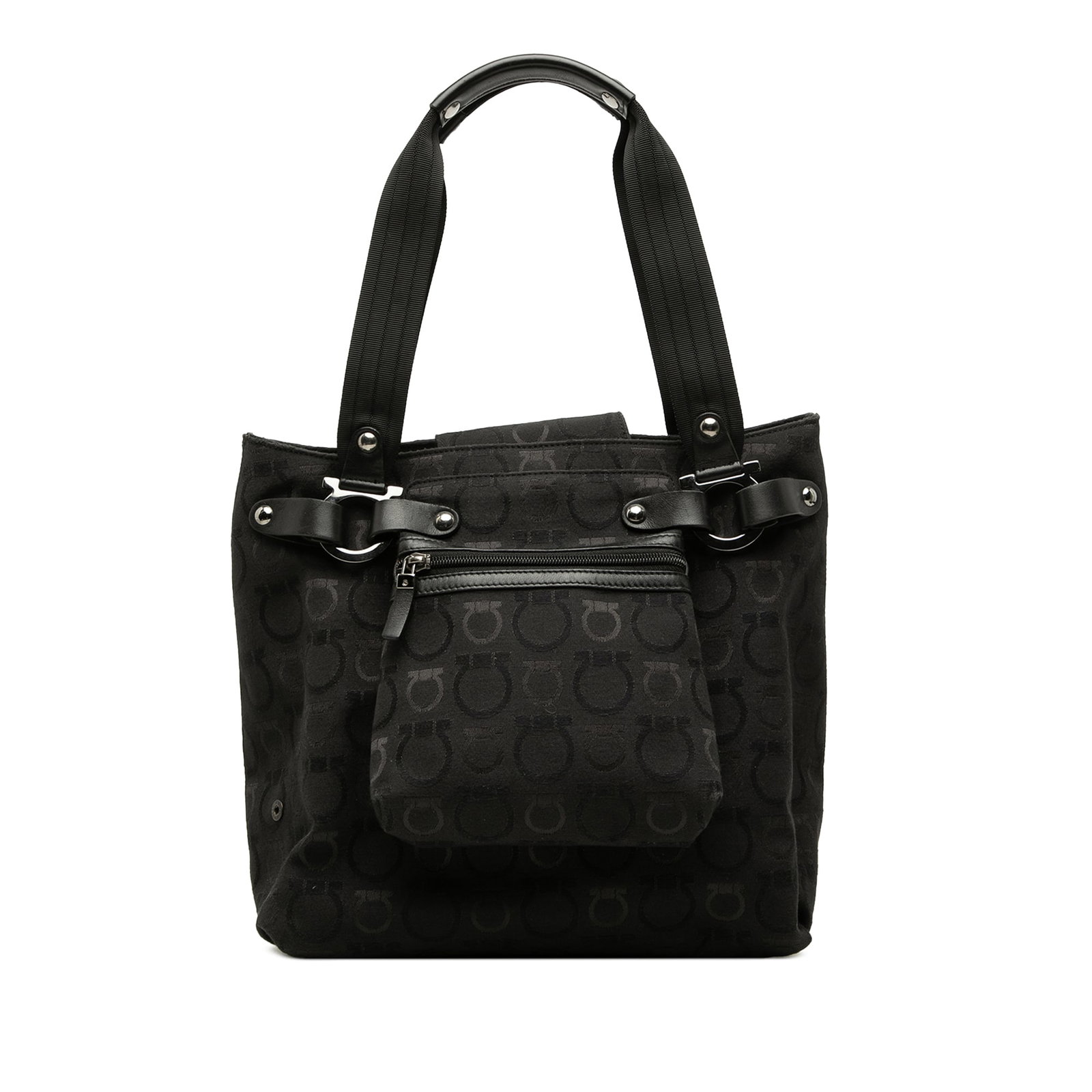 Ferragamo Gancini Tote Bag in Black Canvas: Ferragamo Gancini Tote Bag in Black Canvas Ferragamo Gancini Canvas Tote in black fabric with flat handles and a top flap with snap closure. The bag includes an exterior front zip pocket plus interior