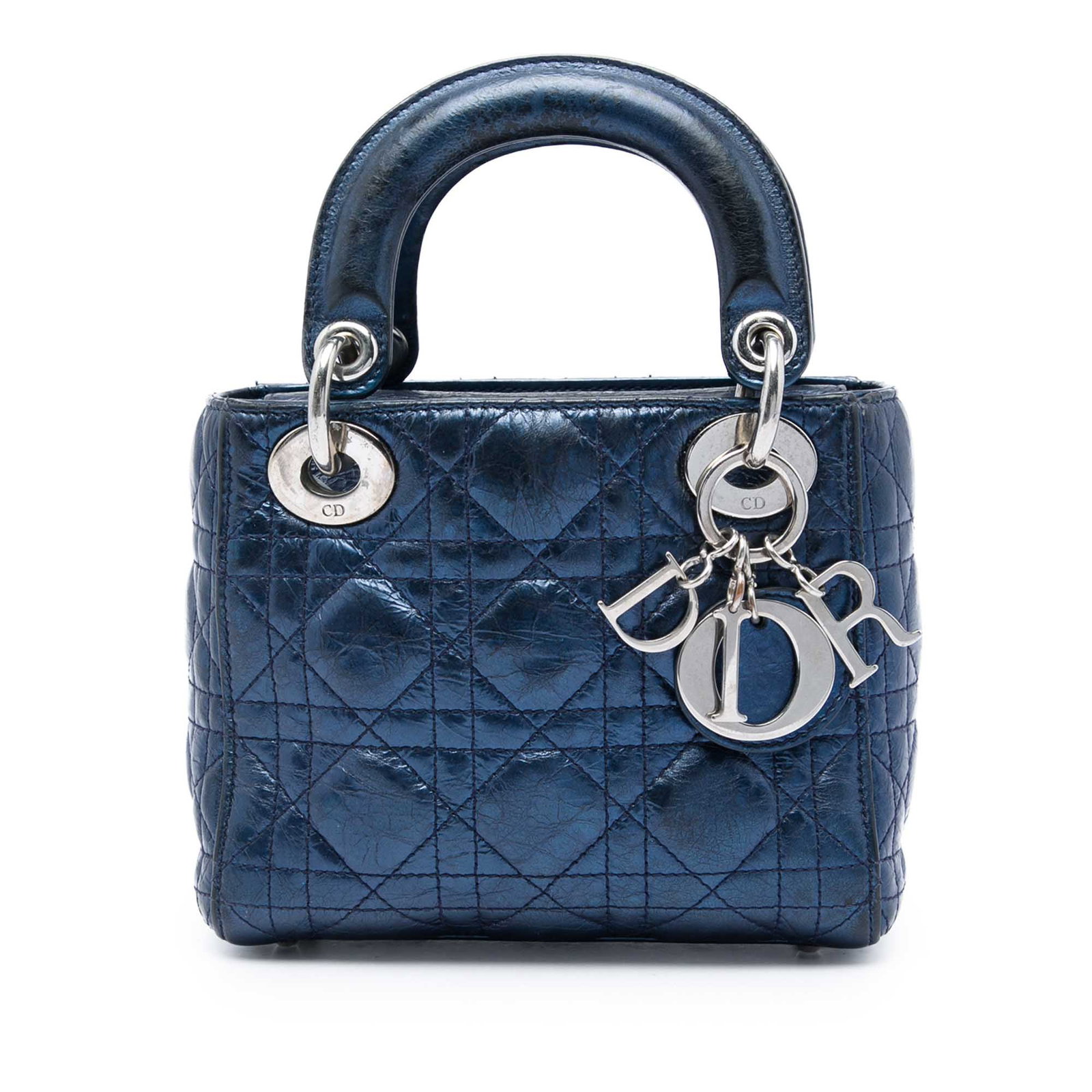 Dior Lady Dior Mini Cannage Metallic Calfskin Bag Blue: Dior Lady Dior Mini Cannage Metallic Calfskin Bag Blue A compact Lady Dior handbag crafted in metallic blue quilted calfskin with the signature Cannage pattern. This mini bag features flat leather top