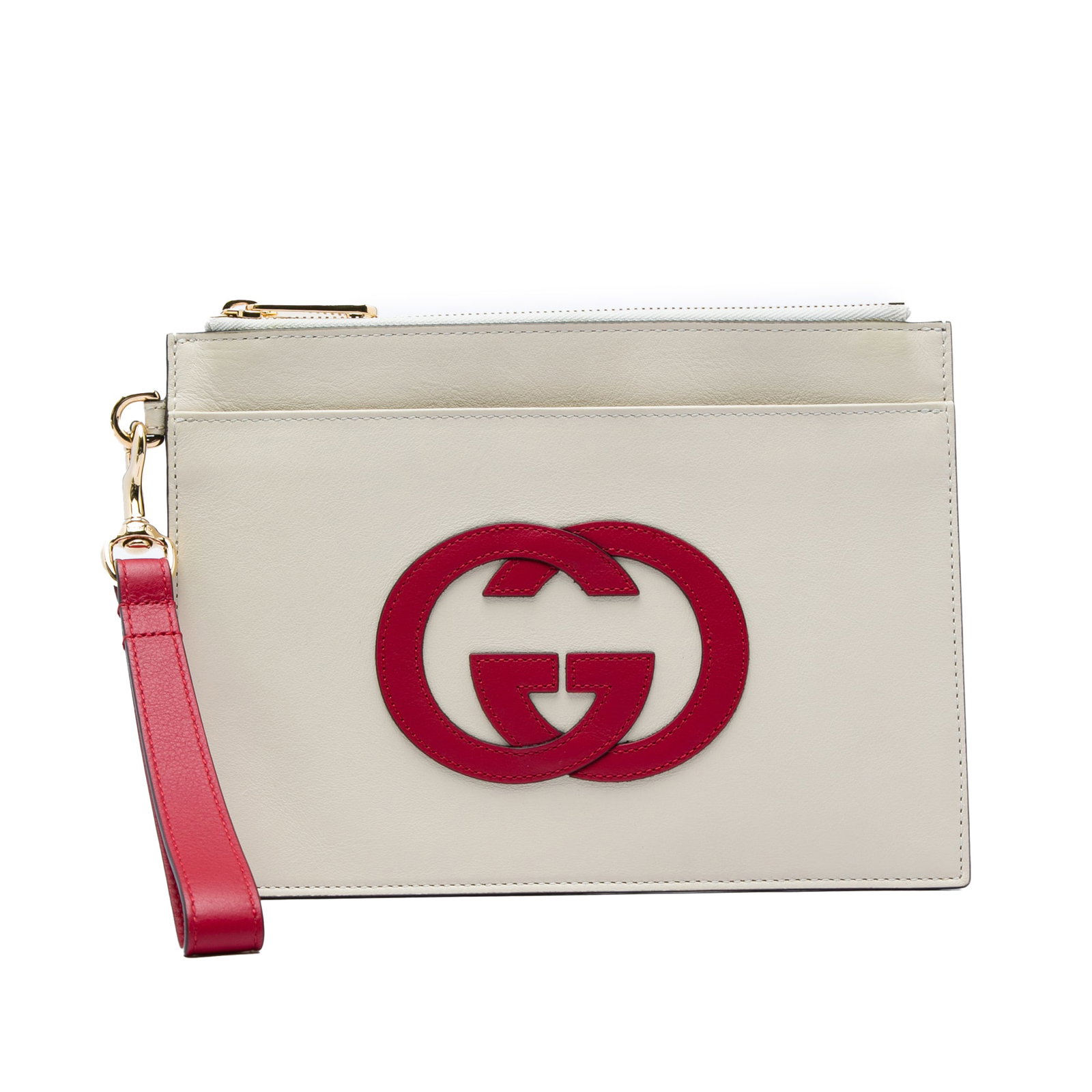Gucci Interlocking G Leather Wristlet Clutch Bag White: Gucci Interlocking G Leather Wristlet Clutch Bag White A Gucci Calfskin Interlocking G wristlet clutch in white leather with a streamlined design. It features a flat leather wristlet strap, top zip cl