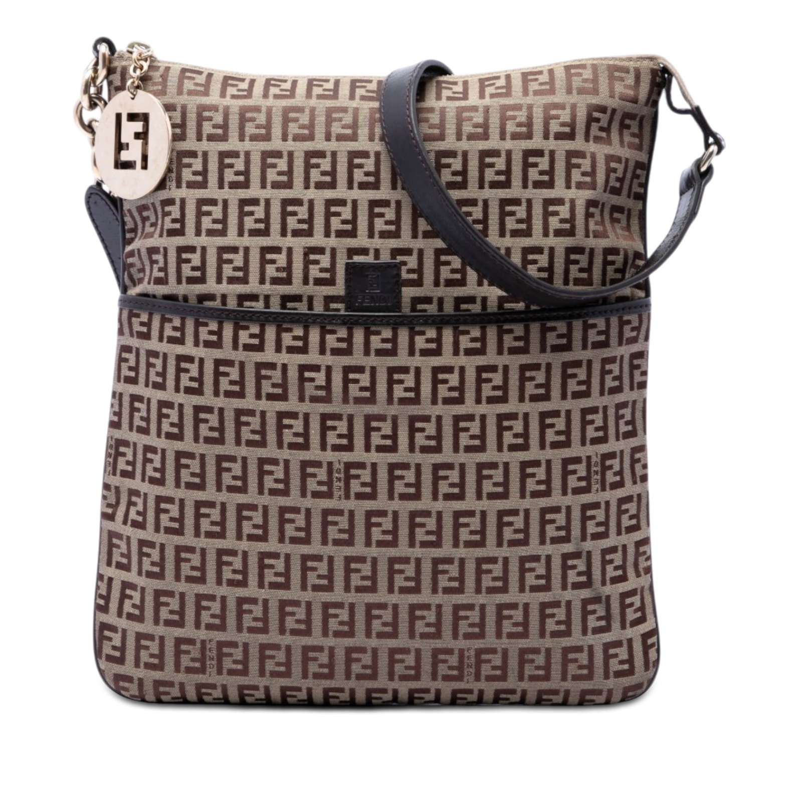 Fendi Zucchino Beige Canvas Crossbody Bag with Leather Trim: Fendi Zucchino Beige Canvas Crossbody Bag with Leather Trim Fendi Zucchino canvas crossbody bag with leather trim and an adjustable flat leather strap. The bag features a top zip closure, one exterior
