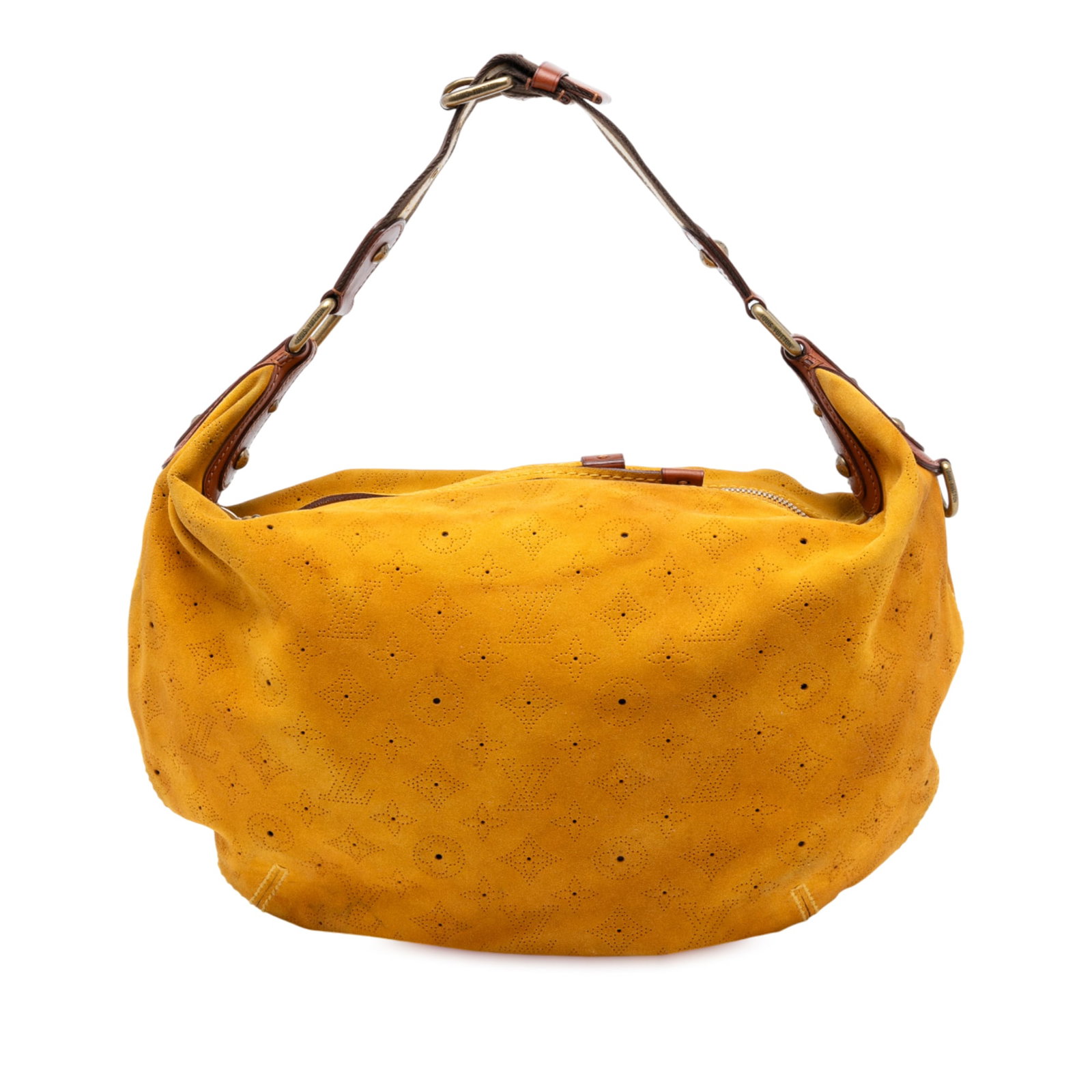 Louis Vuitton Monogram Suede Onatah GM Yellow Bag: Louis Vuitton Monogram Suede Onatah GM Yellow Bag Introducing the Louis Vuitton Monogram Suede Onatah GM, a stylish and functional bag designed for everyday use. This exquisite piece features a perfor