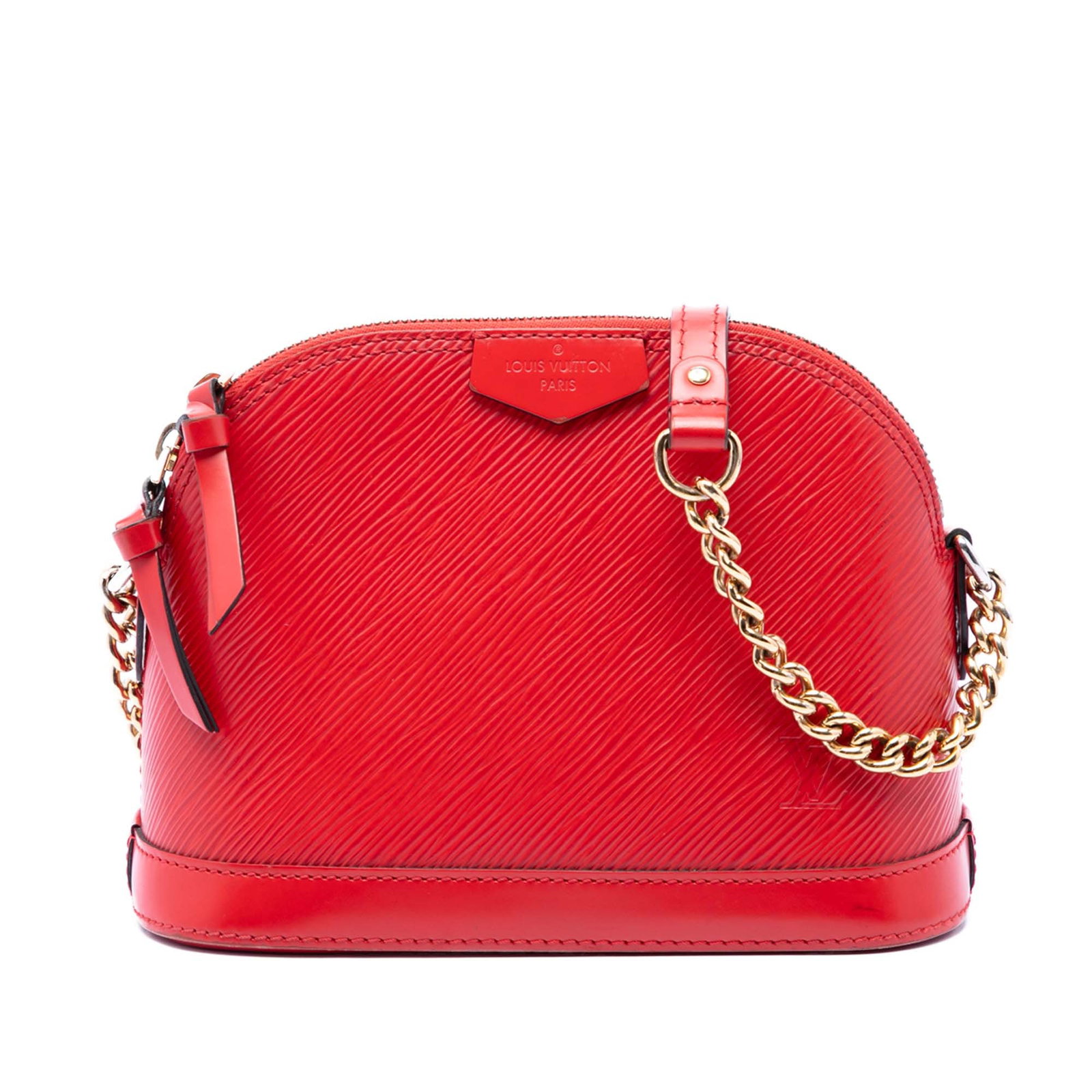 Louis Vuitton Epi Mini Alma Red Leather Shoulder Bag: Louis Vuitton Epi Mini Alma Red Leather Shoulder Bag A compact Louis Vuitton Mini Alma crafted in red Epi leather. This structured handbag features a zip-around closure, a chain-link strap with a leat