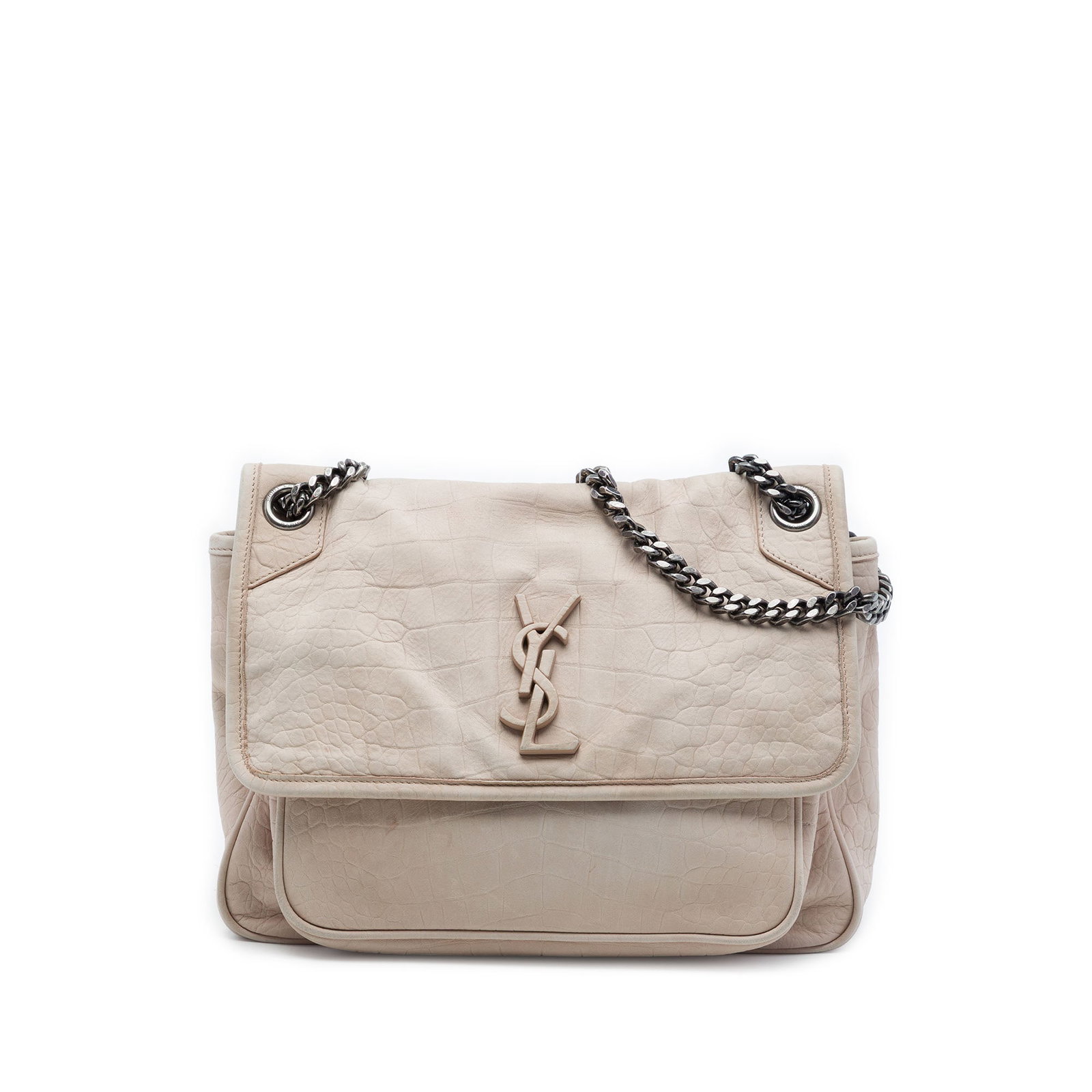 Saint Laurent Niki Medium Croc Embossed Nubuck Leather Shoulder Bag: Saint Laurent Niki Medium Croc Embossed Nubuck Leather Shoulder Bag Saint Laurent Medium Croc Embossed Nubuck Niki shoulder bag in brown leather with chain link shoulder straps and leather guard. The 