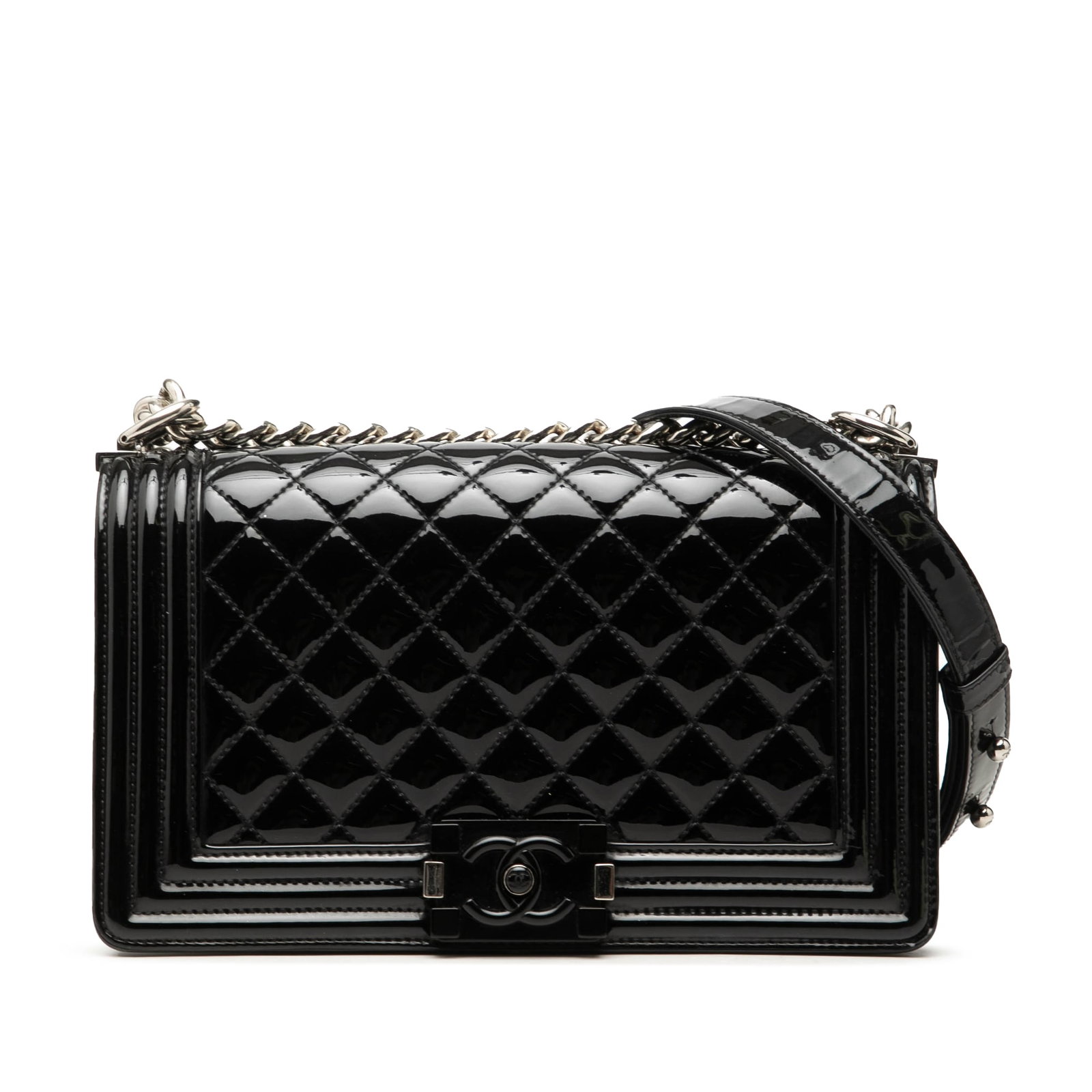 Chanel Boy Flap Old Medium Patent Leather Shoulder Bag: Chanel Boy Flap Old Medium Patent Leather Shoulder Bag A Chanel Old Medium Boy Flap bag crafted in quilted patent leather with a structured silhouette and signature flap-front design. It features a cu