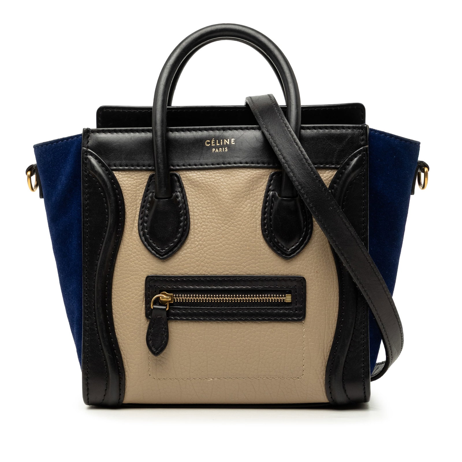 Celine Nano Luggage Tote in Tricolor Calfskin and Suede: Celine Nano Luggage Tote in Tricolor Calfskin and Suede Celine Nano Tricolor Luggage Tote crafted in calf leather with suede side panels. This structured handbag features rolled leather handles, a det