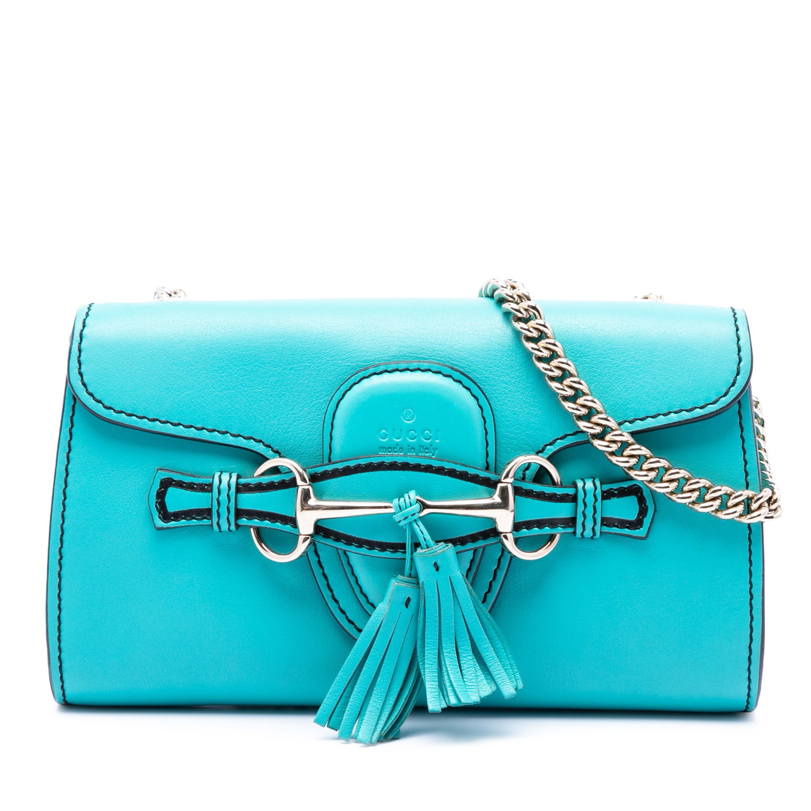 Gucci Emily Small Leather Crossbody Bag Blue: Gucci Emily Small Leather Crossbody Bag Blue A Gucci Small Calfskin Emily Crossbody in blue leather with a compact silhouette and signature horsebit and tassel detail. The bag features a chain link sh