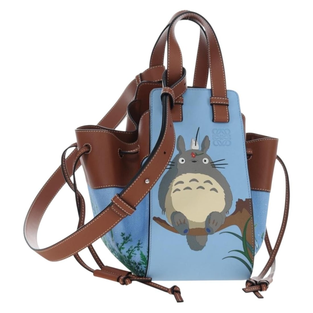 LOEWE Totoro Hammock Leather Handbag with Strap and Dust Bag: LOEWE Totoro Hammock Leather Handbag with Strap and Dust Bag LOEWE x Studio Ghibli My Neighbor Totoro Hammock handbag in light blue and brown leather. This women's bag includes a dust bag and shoulder