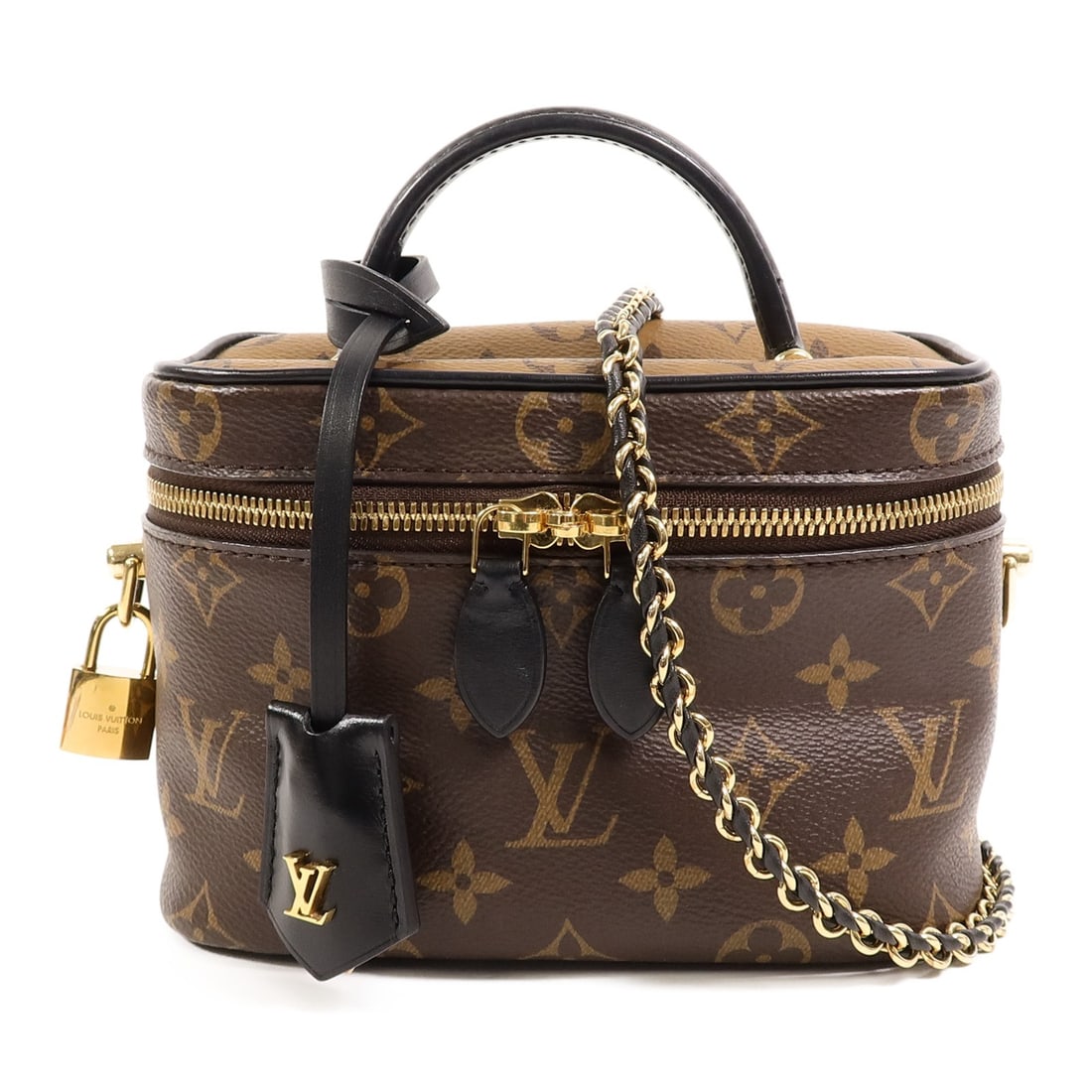 Louis Vuitton Vanity PM M45165 Monogram Reverse 2 Way Bag: Louis Vuitton Vanity PM M45165 Monogram Reverse 2 Way Bag Louis Vuitton Vanity PM 2-way shoulder bag in Monogram Reverse PVC coated canvas with a brown exterior. This women's bag features a structured