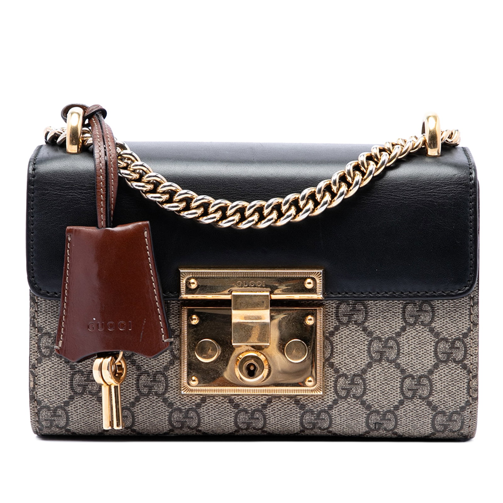 Gucci Padlock Small GG Supreme Crossbody Bag Beige: Gucci Padlock Small GG Supreme Crossbody Bag Beige Gucci Small GG Supreme Padlock Crossbody in beige with a coated canvas body and chain link strap. The bag features a front flap with push-lock closur