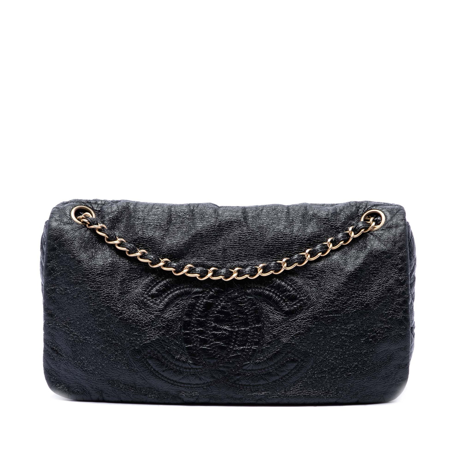 Chanel Medium Rock and Chain Flap Bag Black Vinyl: Chanel Medium Rock and Chain Flap Bag Black Vinyl A Chanel Medium Vinyl Rock and Chain Flap bag in black with a structured flap silhouette. It features a vinyl body, vinyl-woven chain straps, a front 