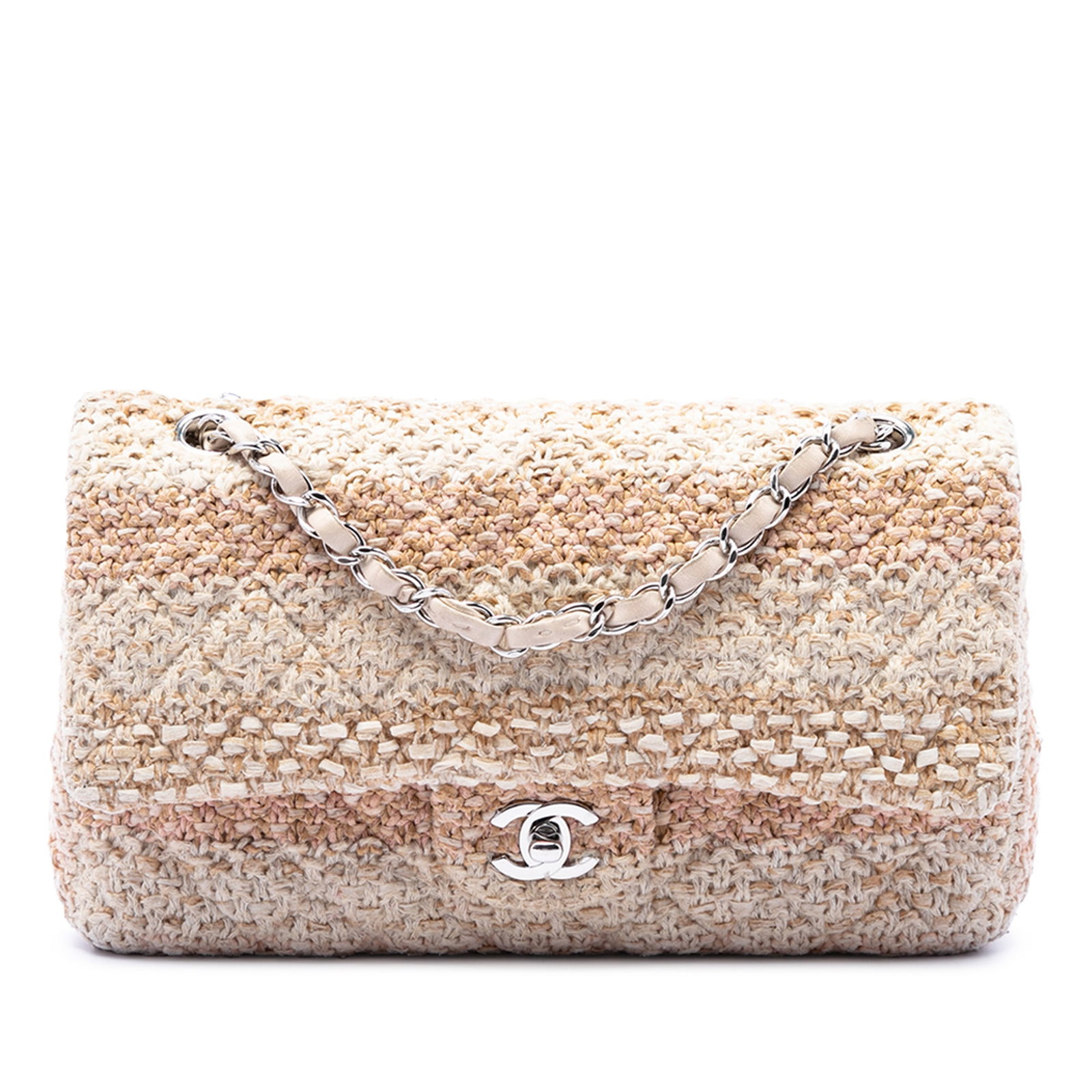 Chanel Medium Classic Double Flap Tweed Shoulder Bag Beige: Chanel Medium Classic Double Flap Tweed Shoulder Bag Beige A Chanel Medium Classic Tweed Double Flap shoulder bag in beige. This bag features a tweed body, leather-woven chain straps, front double fla