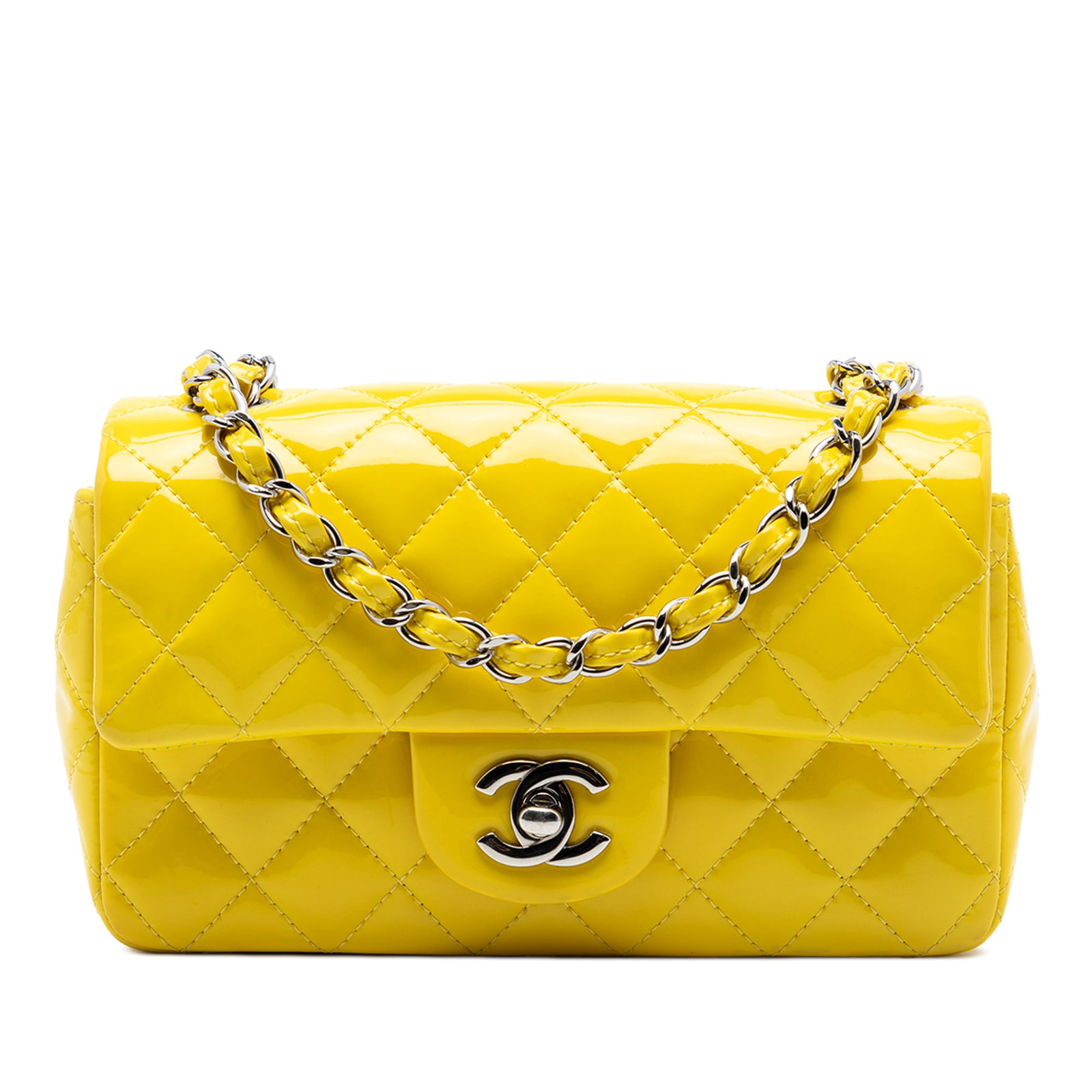 Chanel Mini Rectangular Classic Flap Patent Leather Shoulder Bag: Chanel Mini Rectangular Classic Flap Patent Leather Shoulder Bag Chanel Mini Rectangular Classic Patent Single Flap bag in yellow patent leather with signature quilting. This flap bag features a leath