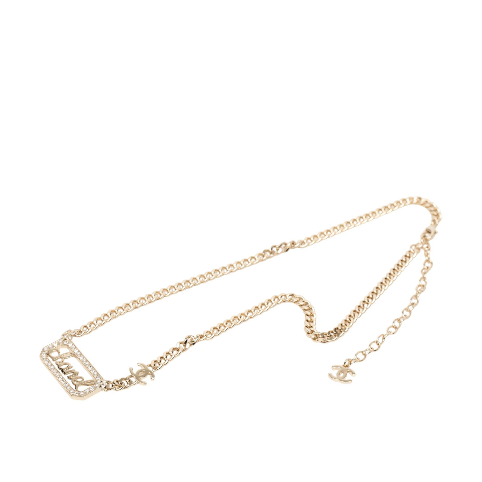 Chanel CC strass logo choker necklace gold plated metal: Chanel CC strass logo choker necklace gold plated metal Chanel CC choker necklace featuring a gold-plated metal body with a strass-embellished logo and lobster clasp closure. Made in Italy. Condition 