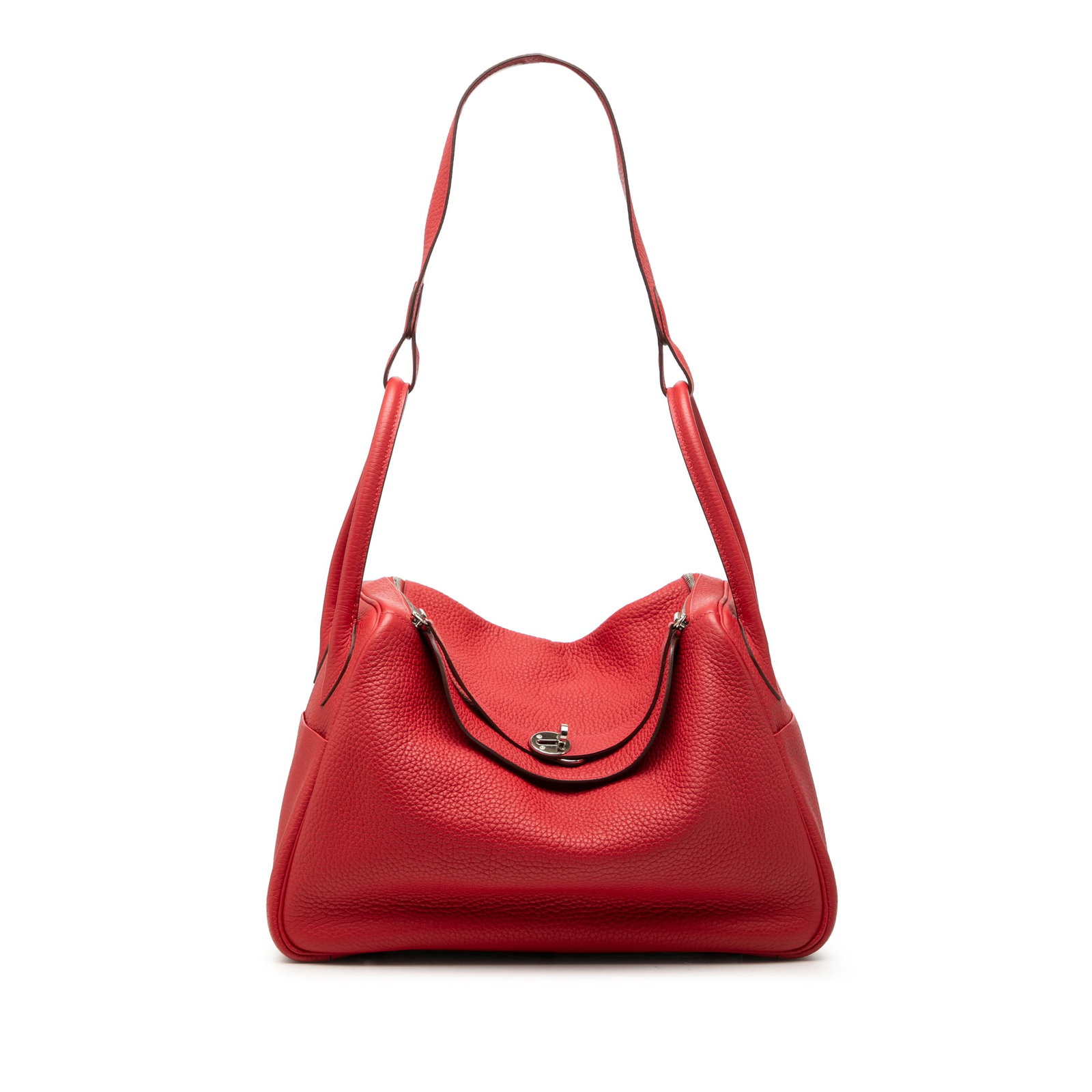 Hermes Lindy 34 Red Clemence Leather Handbag: Hermes Lindy 34 Red Clemence Leather Handbag This Hermes Lindy 34 shoulder bag is crafted in red Clemence leather and features rolled handles, a flat leather strap, and a top flap with turn-lock and z