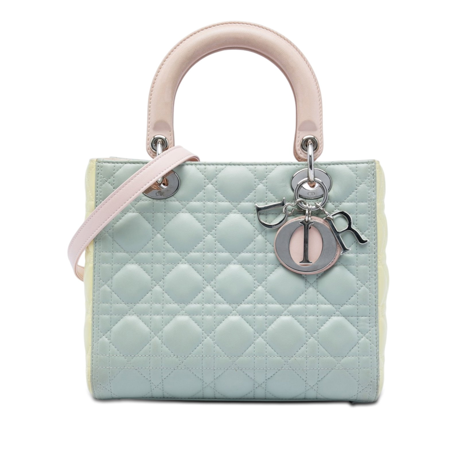 Dior Lady Dior Medium Tricolor Cannage Lambskin Bag: Dior Lady Dior Medium Tricolor Cannage Lambskin Bag Medium Lady Dior bag in tricolor lambskin leather with Cannage detailing. This handbag features flat leather top handles, a detachable flat leather 