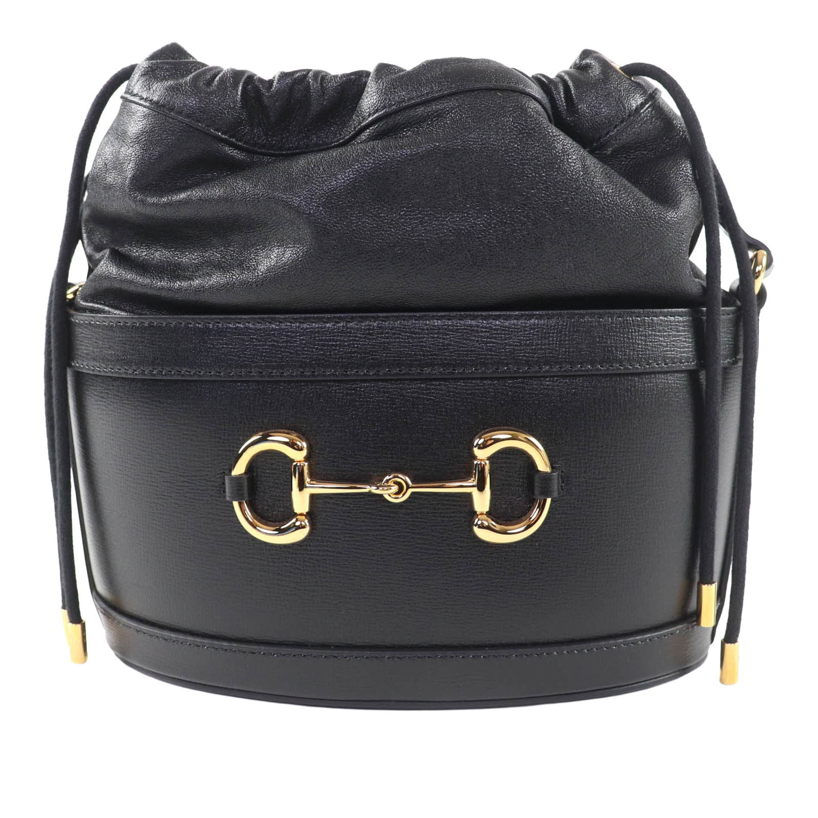 Gucci Horsebit 1955 leather bucket bag black: Gucci Horsebit 1955 leather bucket bag black A Gucci Horsebit 1955 bucket bag crafted in black calfskin leather. This bucket-style bag features a flat leather strap, drawstring closure, and an interio