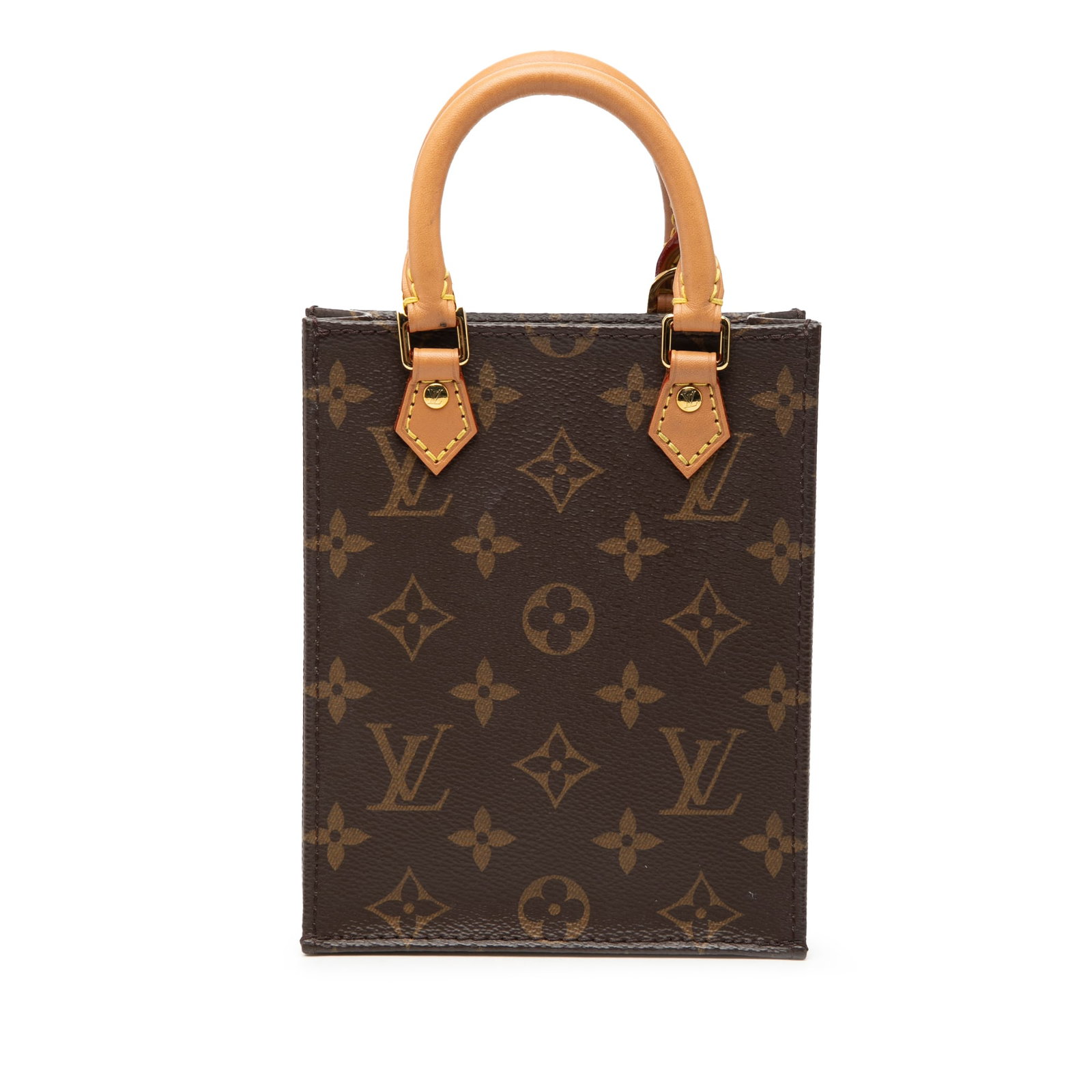 Louis Vuitton Petit Sac Plat Monogram Canvas Handbag: Louis Vuitton Petit Sac Plat Monogram Canvas Handbag A compact Louis Vuitton Monogram Petit Sac Plat from France, designed with a monogram canvas body, rolled vachetta leather handles, an open top, an