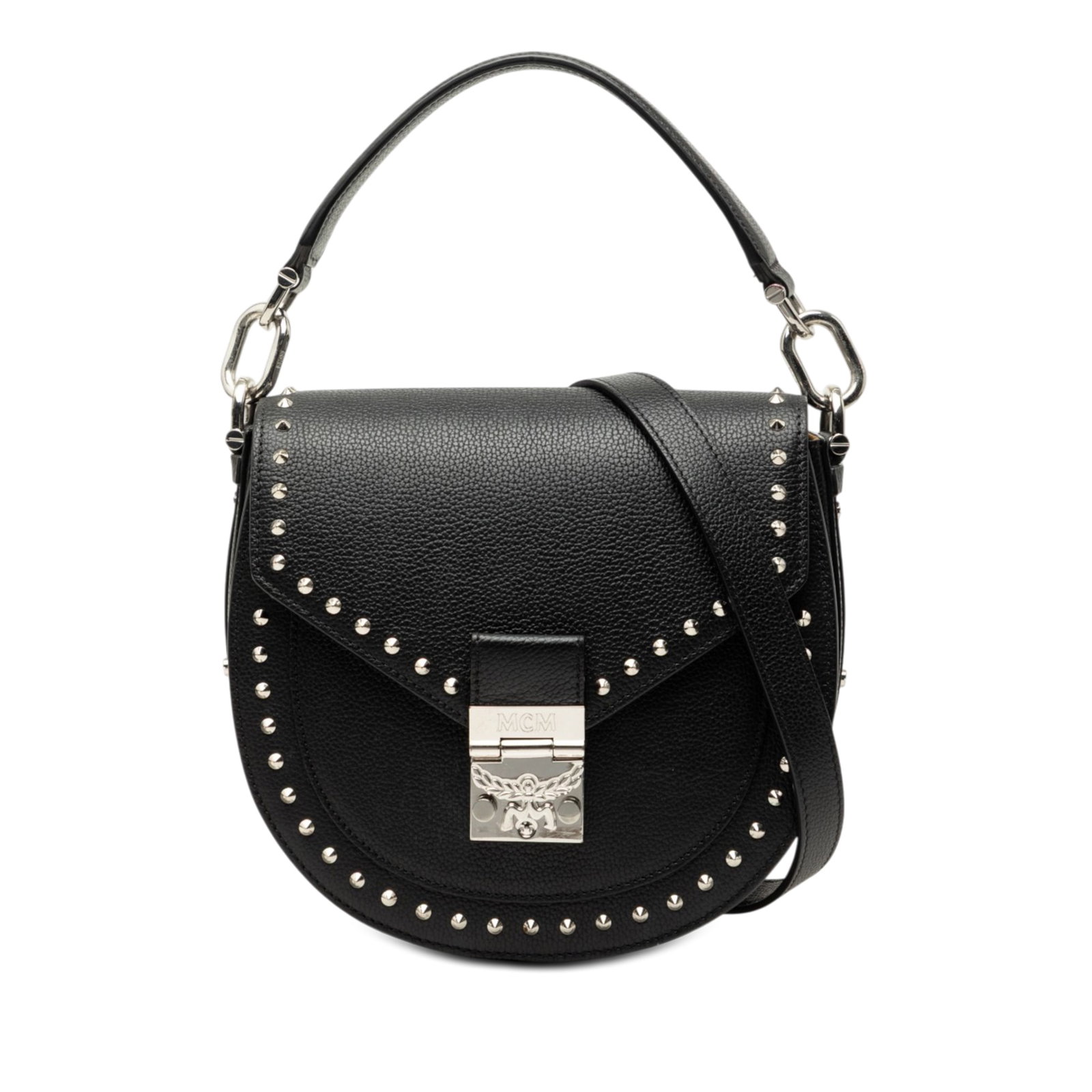 MCM Patricia Studded Leather Satchel Bag Black: MCM Patricia Studded Leather Satchel Bag Black This MCM Patricia satchel is crafted in black leather with studded detailing and a structured silhouette. It features a flat leather handle, a detachable