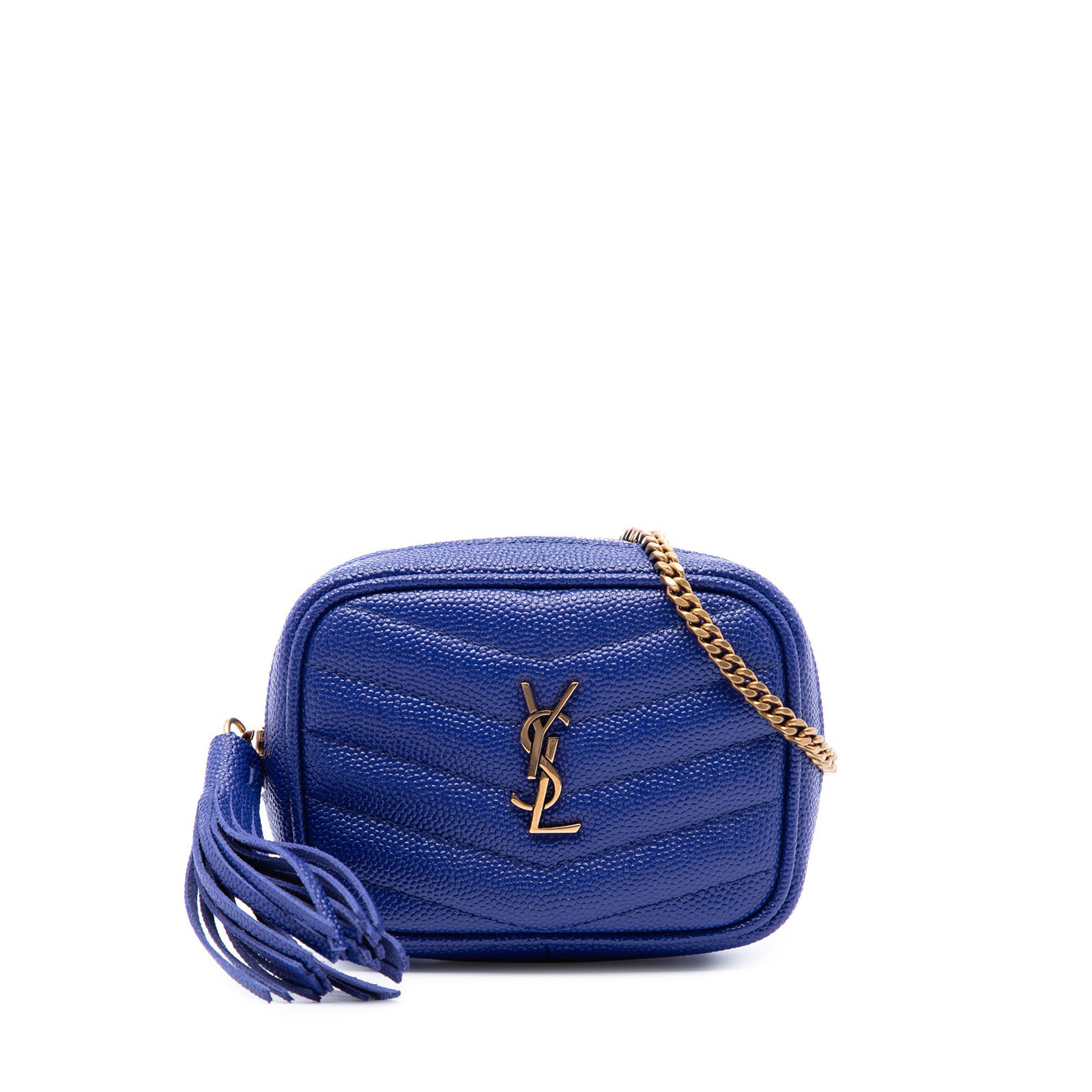 Saint Laurent Lou Camera Bag Blue Quilted Leather Chain Strap: Saint Laurent Lou Camera Bag Blue Quilted Leather Chain Strap Saint Laurent Lou camera bag in blue quilted leather with the Baby Chevron Grain De Poudre Monogram design. This crossbody style features 