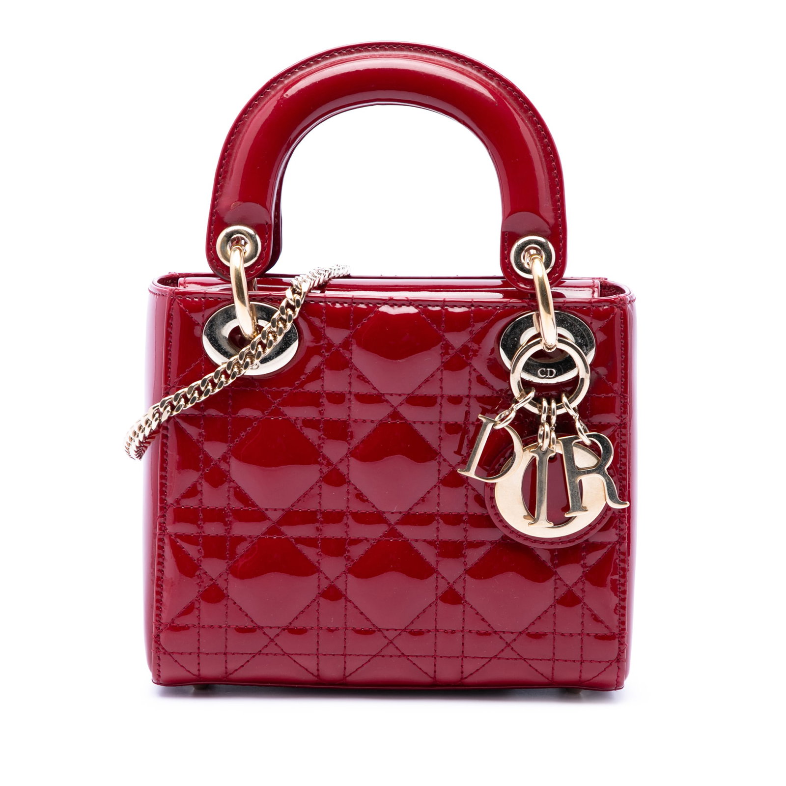 Dior Lady Dior Mini Cannage Patent Leather Handbag Red: Dior Lady Dior Mini Cannage Patent Leather Handbag Red A Mini Lady Dior bag in red patent leather with the signature Cannage quilted design. It features flat top handles, a detachable chain-link shoul