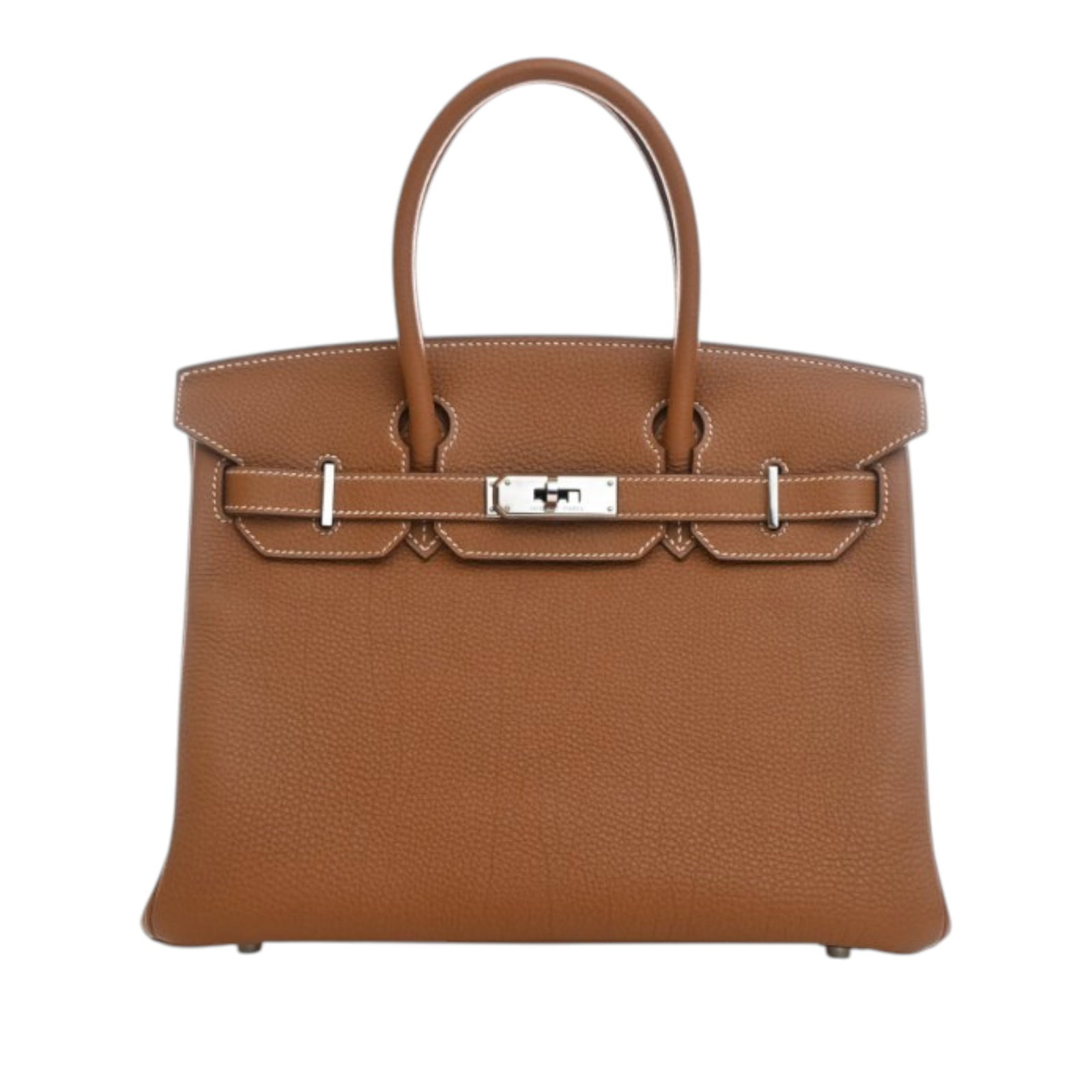 Hermes Birkin 30 Retourne Togo Leather Handbag Gold: Hermes Birkin 30 Retourne Togo Leather Handbag Gold A Hermes Birkin Retourne 30 bag crafted in Togo leather with rolled leather handles, a front flap with metal lock closure, and interior zip and slip