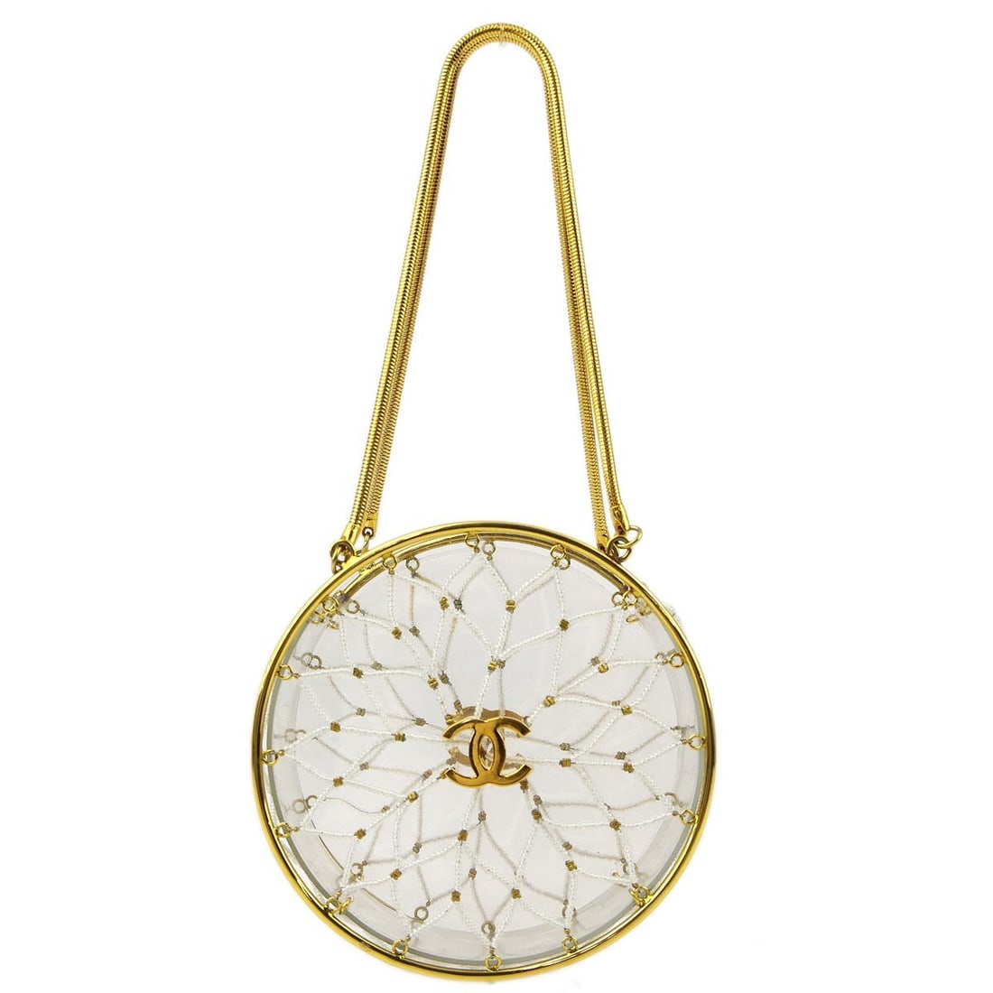 CHANEL Party Hand Bag Clear Beaded Round Top Handle Purse: CHANEL Party Hand Bag Clear Beaded Round Top Handle Purse Round Chanel party handbag with a clear beaded acrylic exterior and top handle styling. This small bag features a chain strap and comes with a