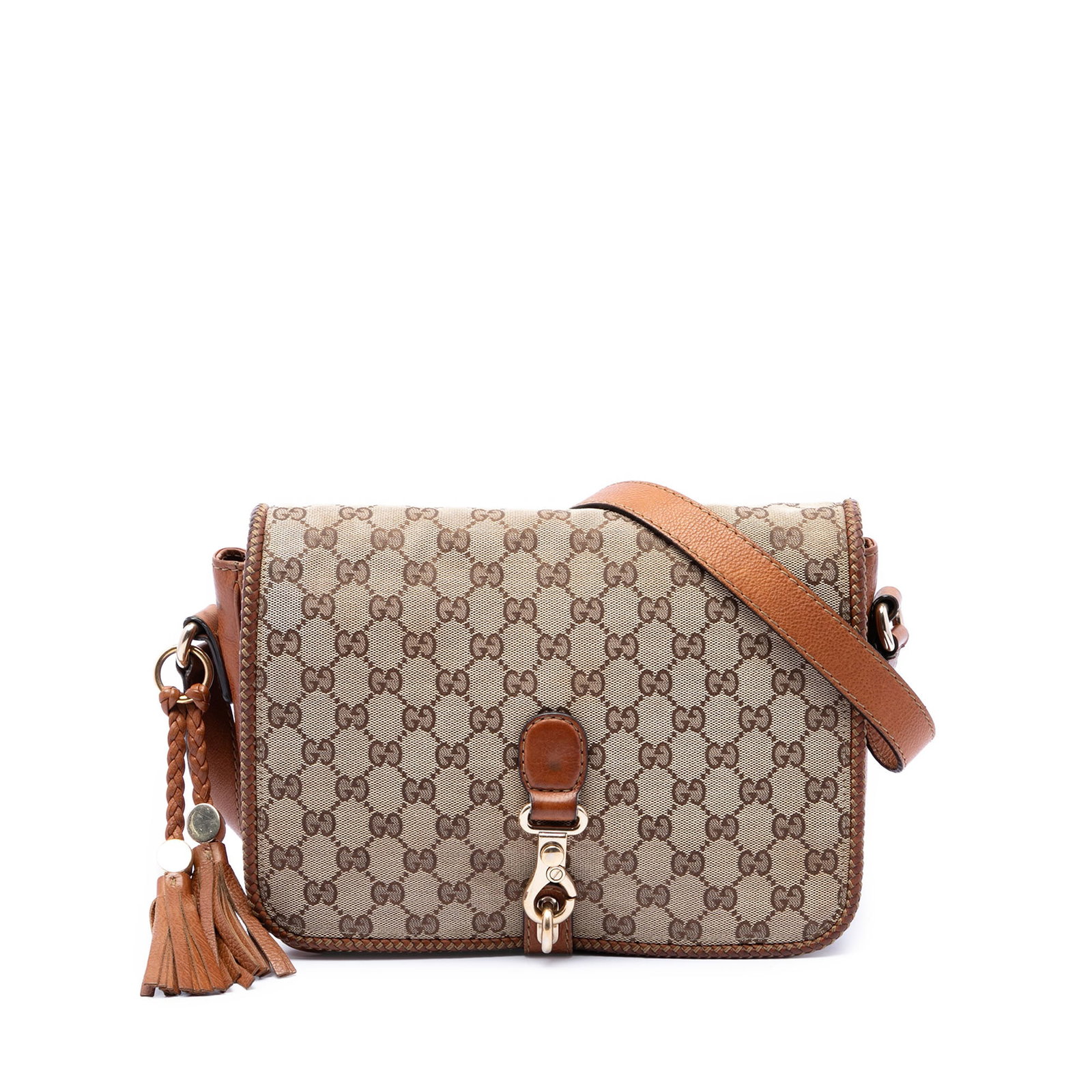 Gucci Marrakech Crossbody Bag in Beige GG Canvas: Gucci Marrakech Crossbody Bag in Beige GG Canvas Gucci GG Canvas Marrakech crossbody bag in beige with leather trim and an adjustable flat leather strap. The bag features a front flap with hook closur