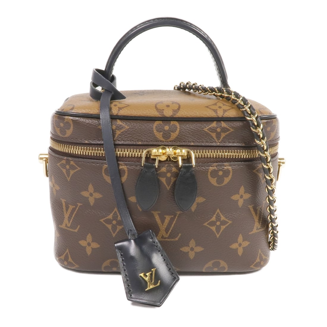 Louis Vuitton Vanity PM M45165 2 Way Shoulder Bag Monogram Reverse: Louis Vuitton Vanity PM M45165 2 Way Shoulder Bag Monogram Reverse Louis Vuitton Vanity PM 2 Way Shoulder Bag in brown Monogram Reverse PVC coated canvas. It features a top handle and a shoulder strap