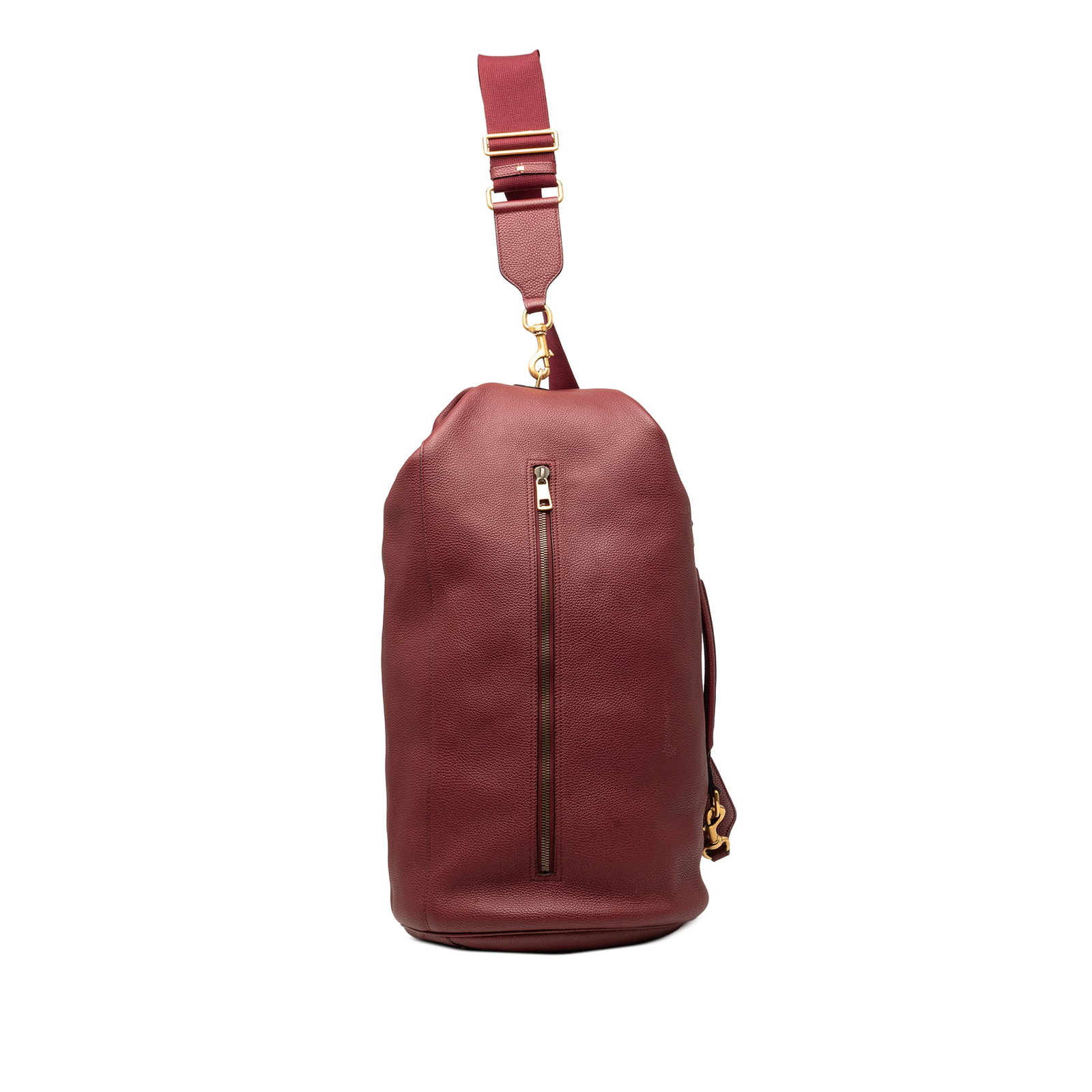 Gucci Vertical Zip Sling Bag in Red Grained Leather: Gucci Vertical Zip Sling Bag in Red Grained Leather Gucci grained leather vertical zip sling bag in red with a leather body, flat leather handle, flat strap, and vertical zip closure. Made in Italy. C
