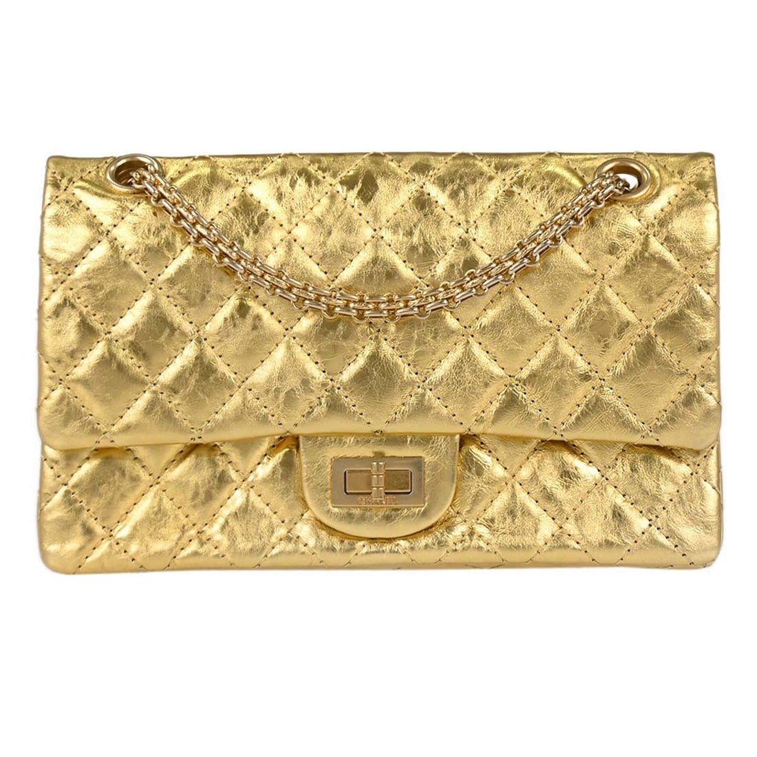 CHANEL Classic Double Flap 2.55 shoulder bag gold calfskin: CHANEL Classic Double Flap 2.55 shoulder bag gold calfskin Chanel 2.55 Small Classic Double Flap shoulder bag in gold calfskin with matelasse quilting and a turnlock closure. This shoulder bag feature