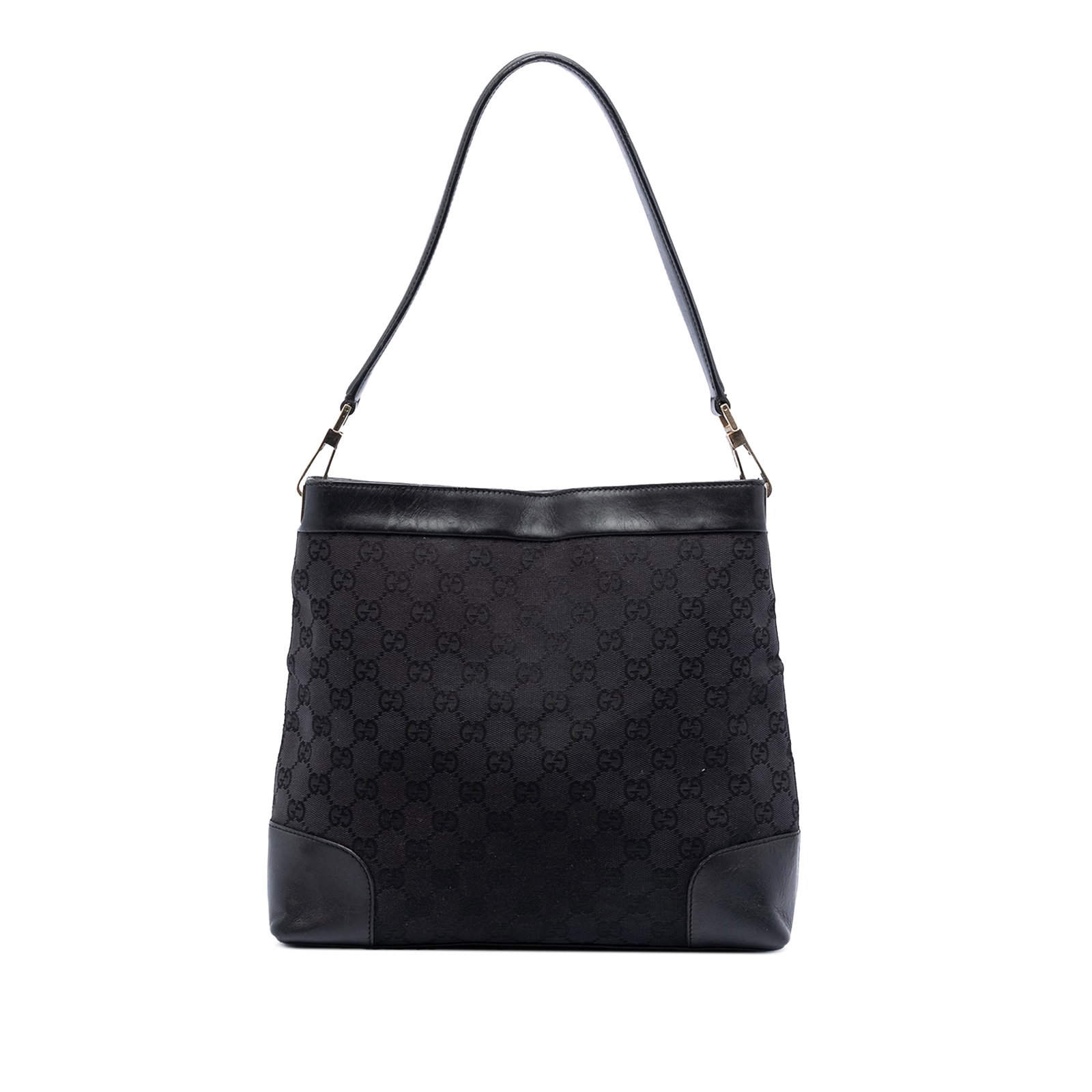 Gucci GG Canvas Black Shoulder Bag with Leather Trim: Gucci GG Canvas Black Shoulder Bag with Leather Trim Gucci GG Canvas Shoulder Bag crafted with a canvas body and leather trim. It features an adjustable flat leather strap, an open top with magnetic s