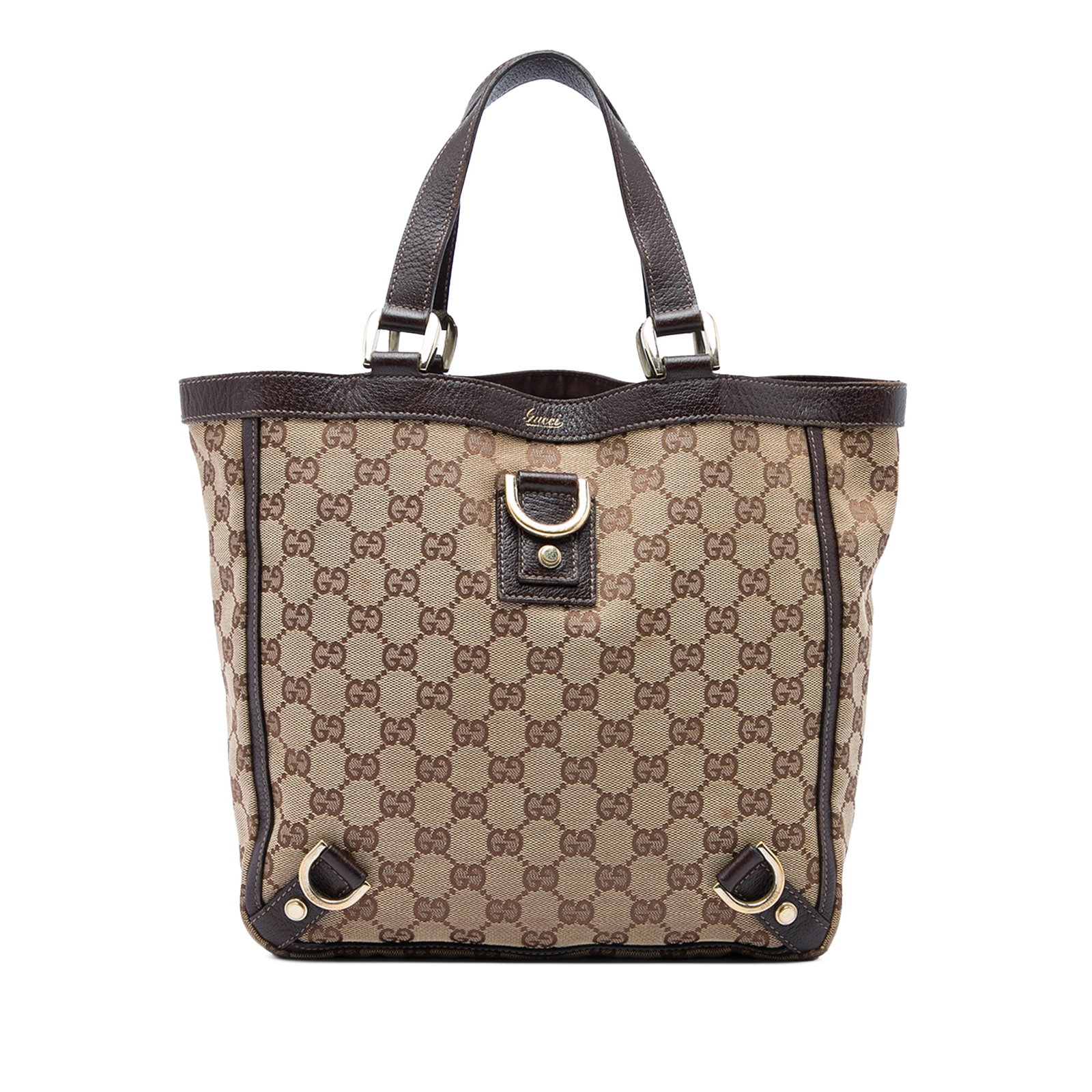 Gucci Abbey D Ring Tote in Beige GG Canvas: Gucci Abbey D Ring Tote in Beige GG Canvas A Gucci Abbey D Ring tote crafted in beige GG canvas with leather trim and flat leather handles. The open-top design has a magnetic closure, and the interior