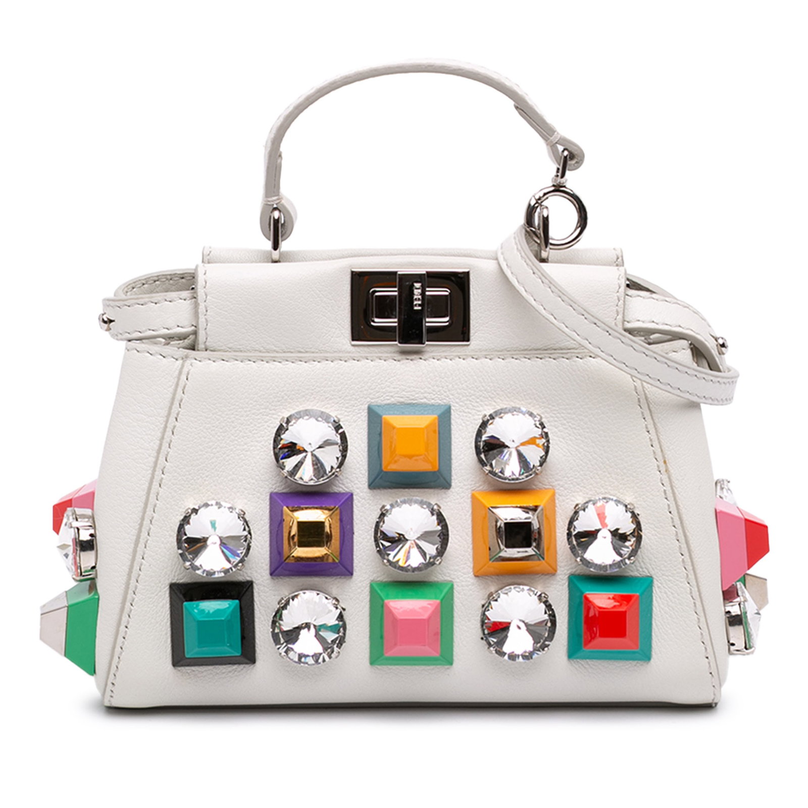 Fendi Peekaboo Iconic Micro Studded Calfskin Leather Satchel: Fendi Peekaboo Iconic Micro Studded Calfskin Leather Satchel A compact Fendi Peekaboo Iconic satchel crafted in white studded calfskin leather. This micro bag features rolled top handles, a detachable