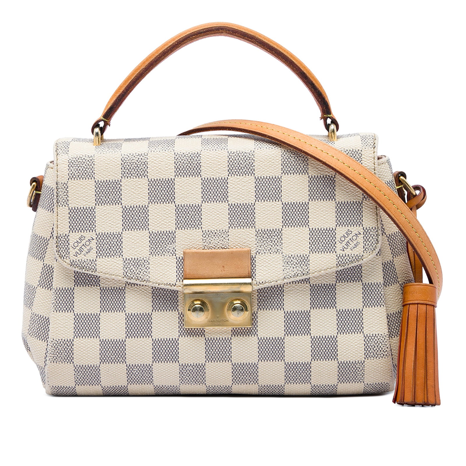 Louis Vuitton Croisette Damier Azur Shoulder Bag: Louis Vuitton Croisette Damier Azur Shoulder Bag Louis Vuitton Croisette handbag in Damier Azur canvas with vachetta leather trim. This bag features a leather tassel detail, a flat top handle, a detac